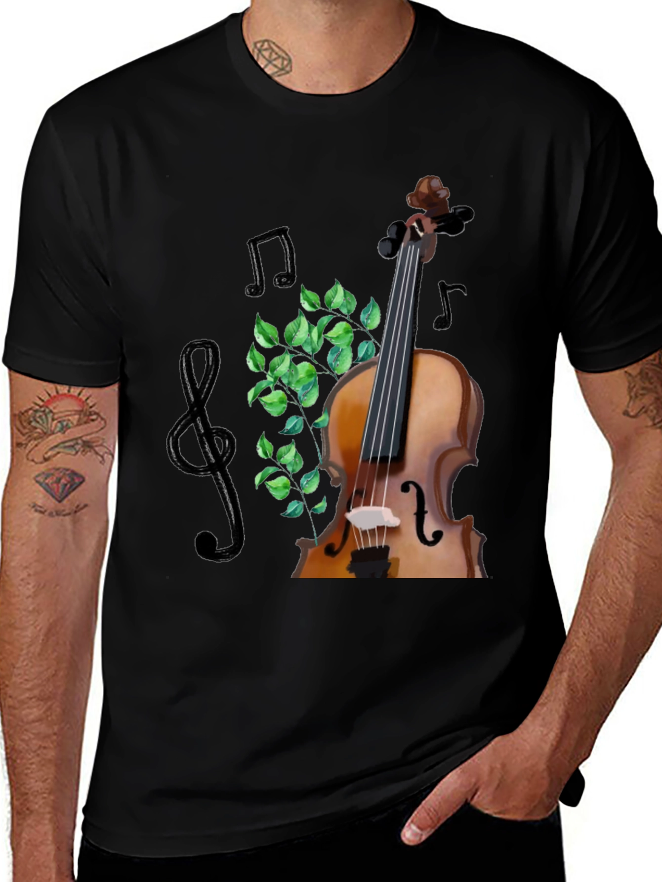 Musical T-Shirt: Violin, Notes, and Greenery Design