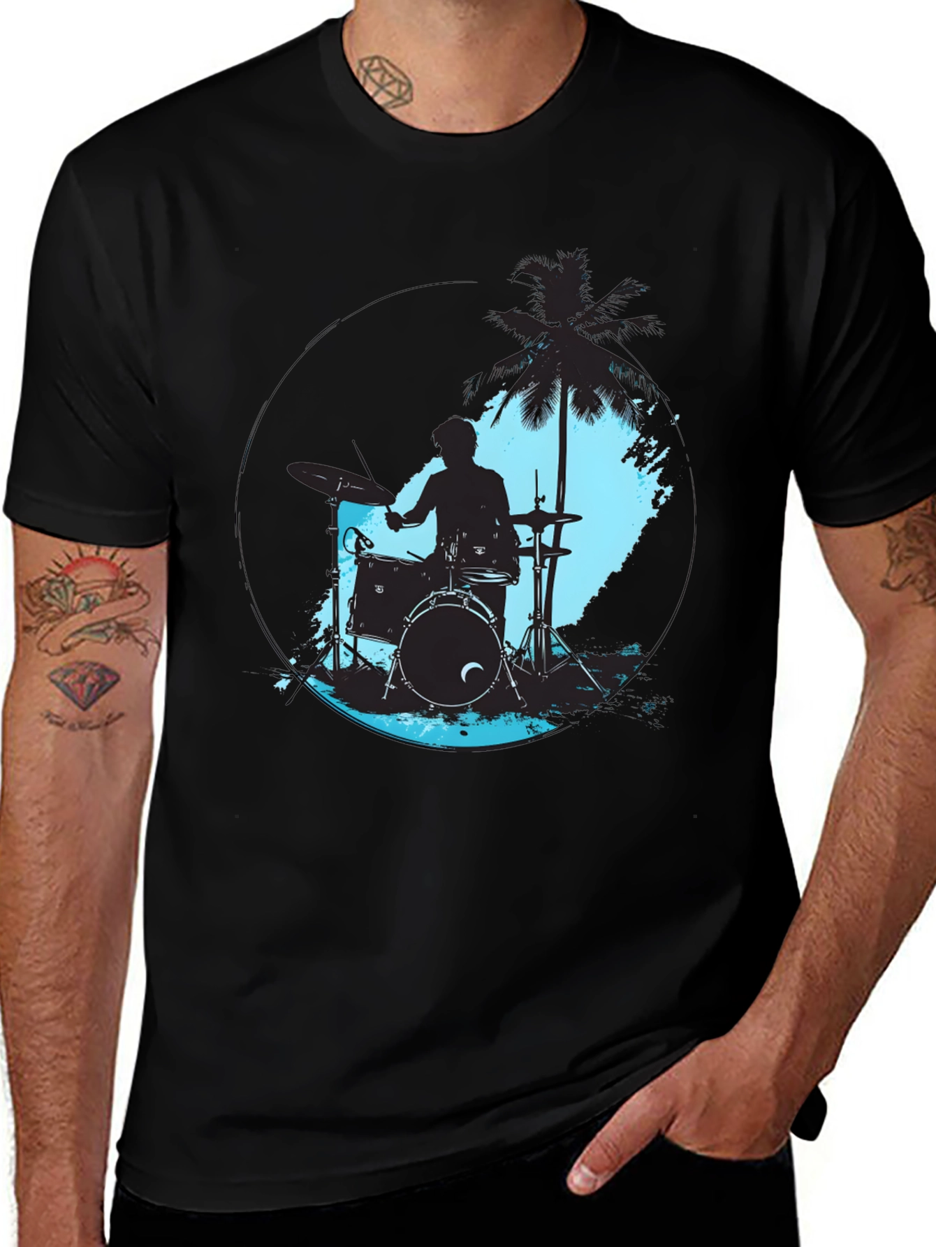 Variant 9 of Drummer Palm Tree Graphic T-Shirt - Black Cotton Tee