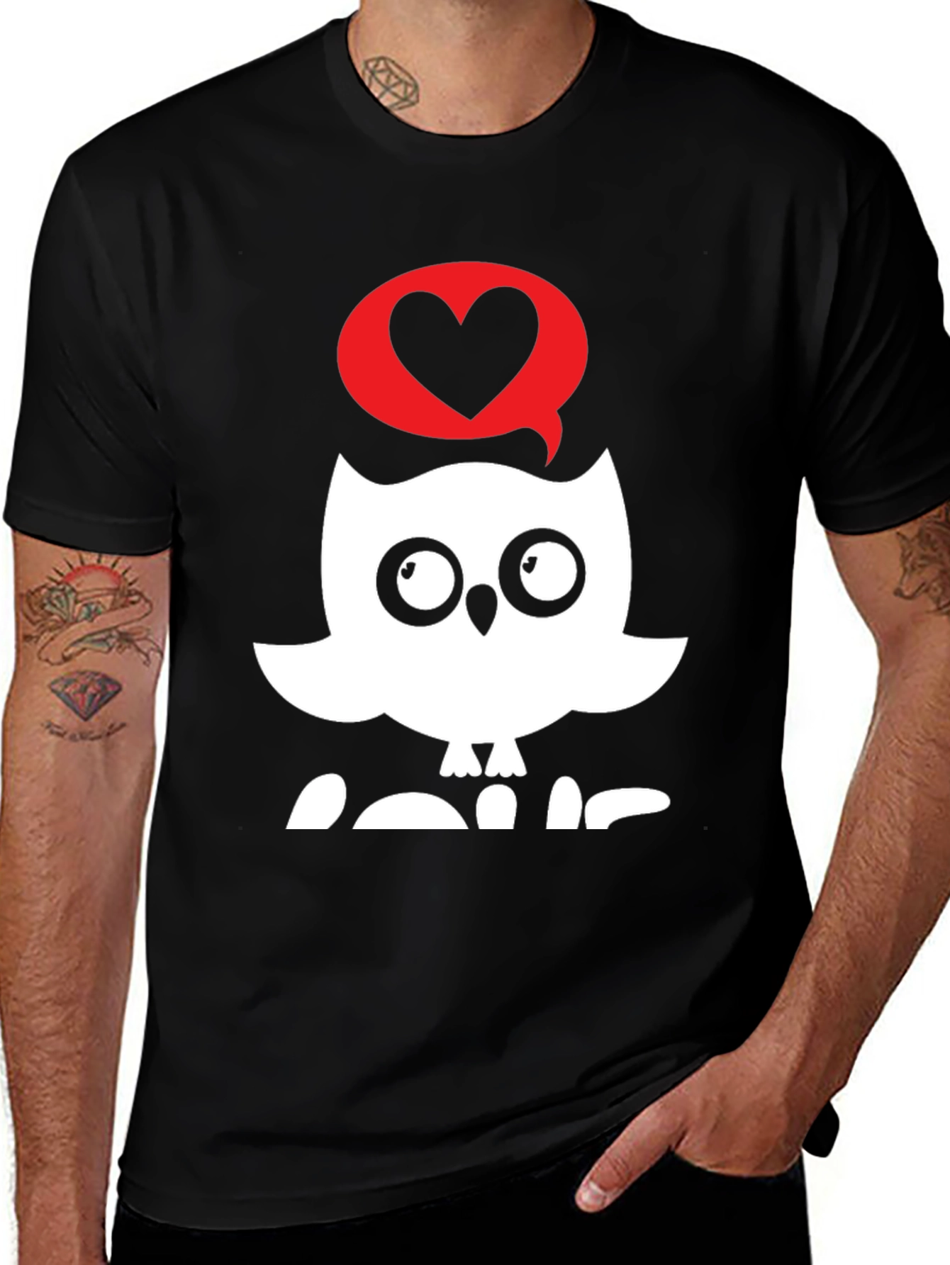 Variant 30 of Owl Love T-Shirt - Black Cotton Tee with Heart Design
