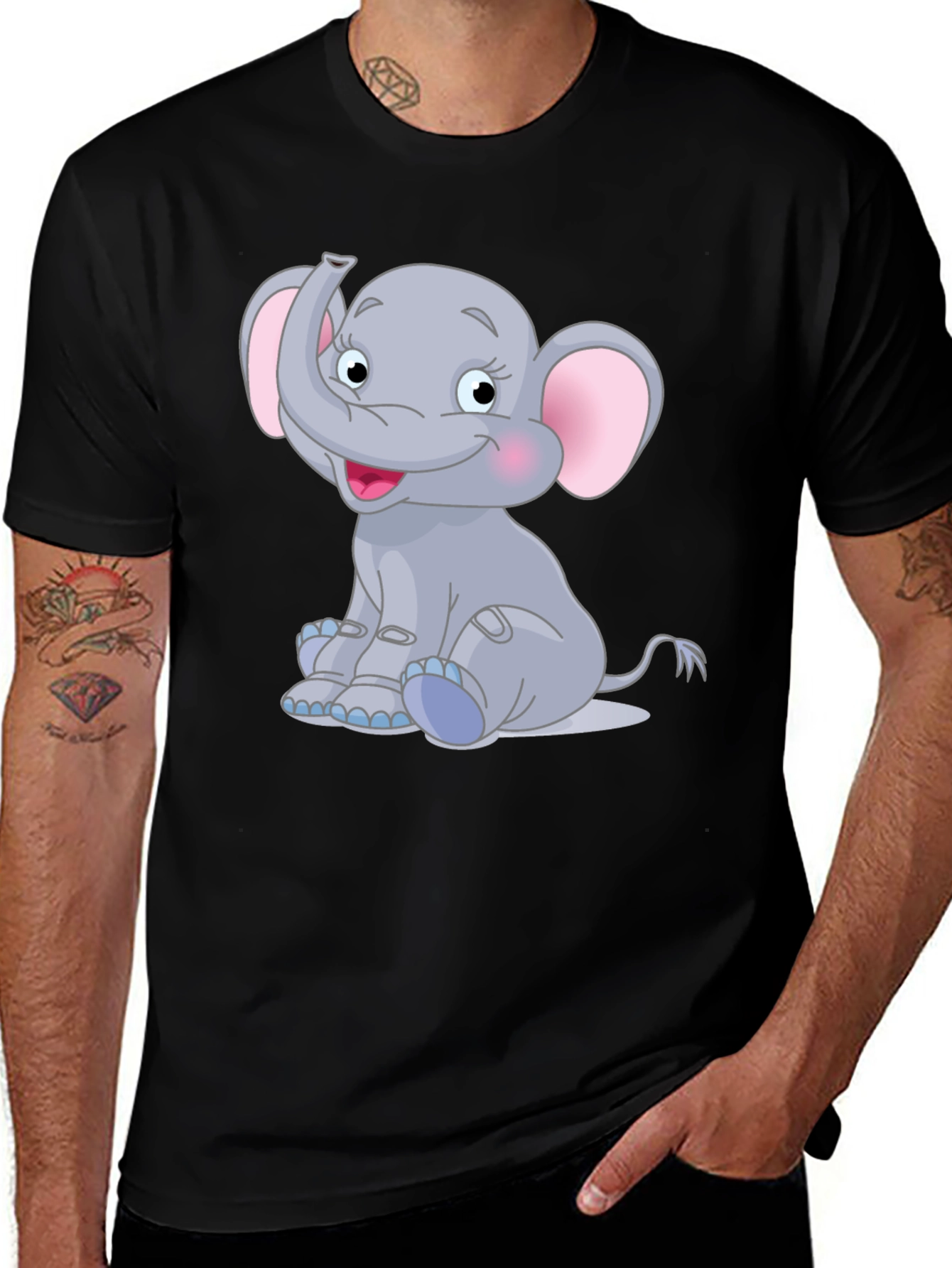 Elephant Cartoon Graphic Tee - Black