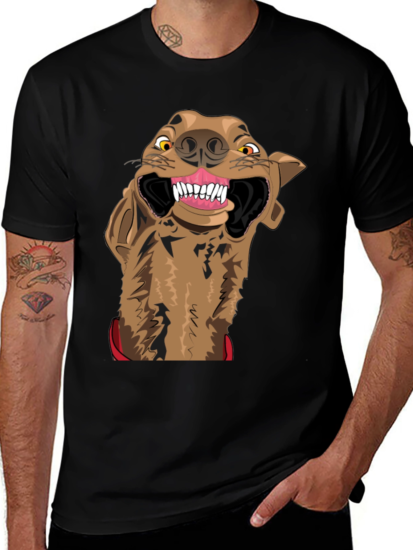 Cartoon Hyena Graphic Print Black T-Shirt