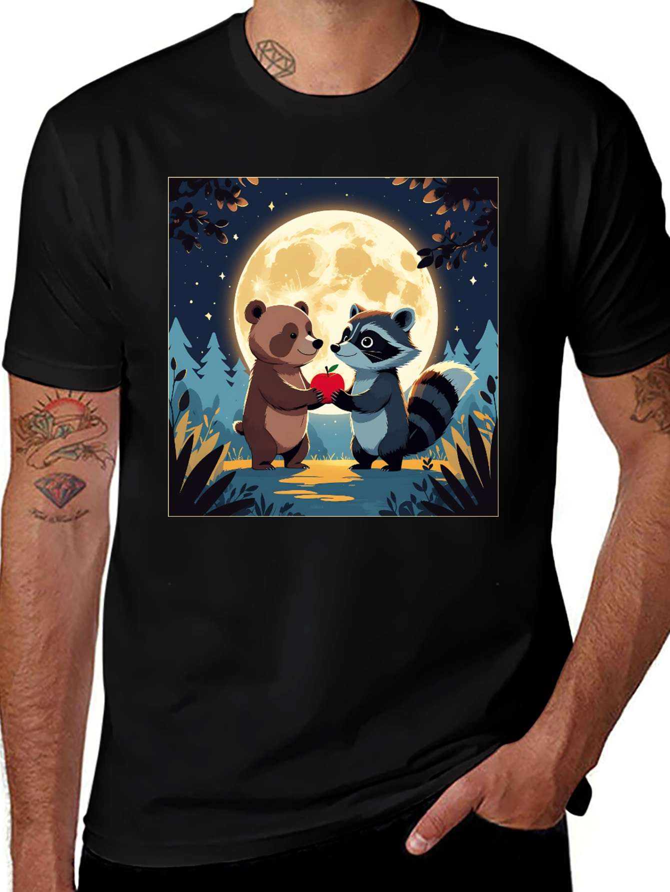 Variant 22 of Cute Cartoon Bear & Raccoon Moonlit Apple T-Shirt