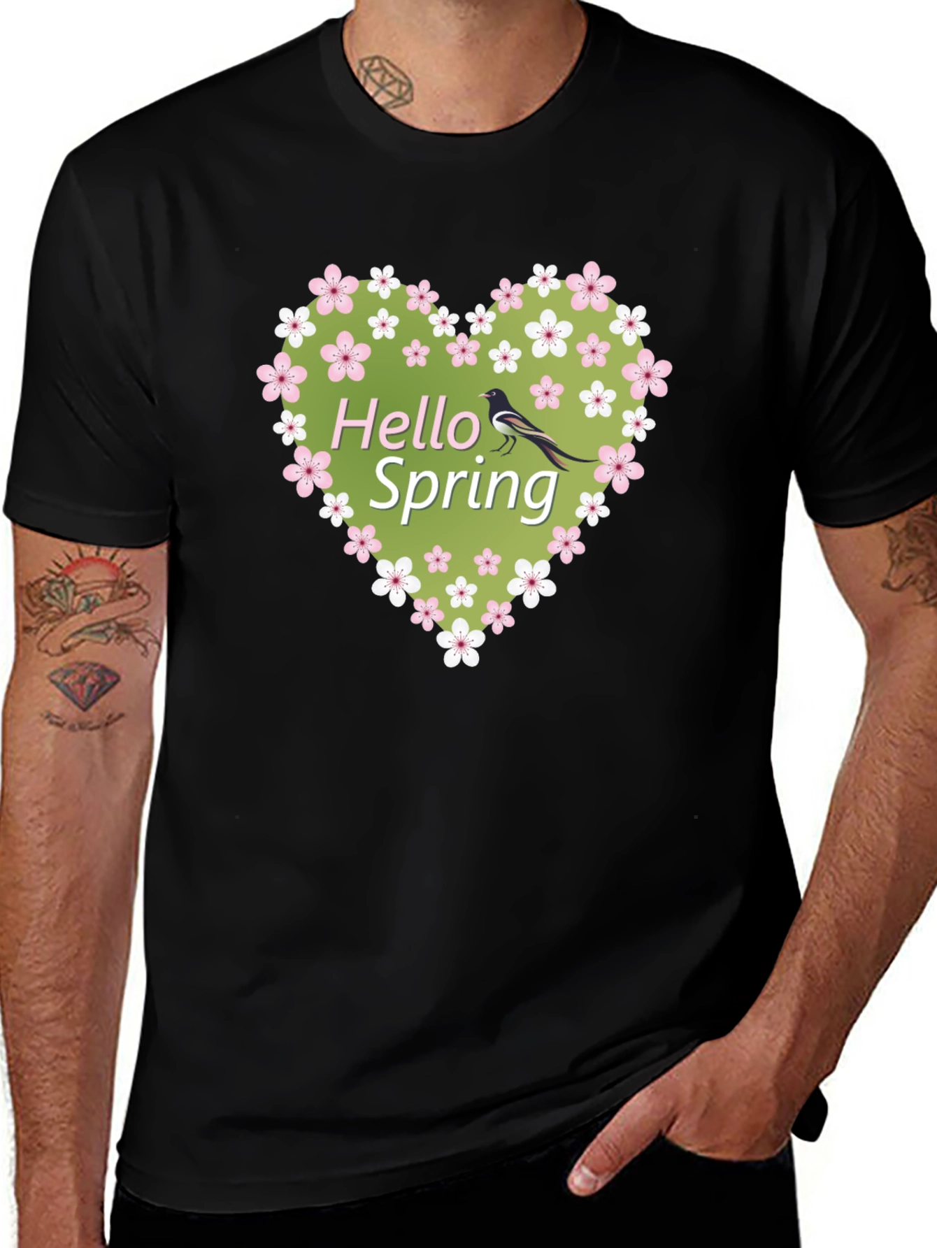 Variant 18 of Hello Spring Black T-Shirt - Floral Heart & Bird Design