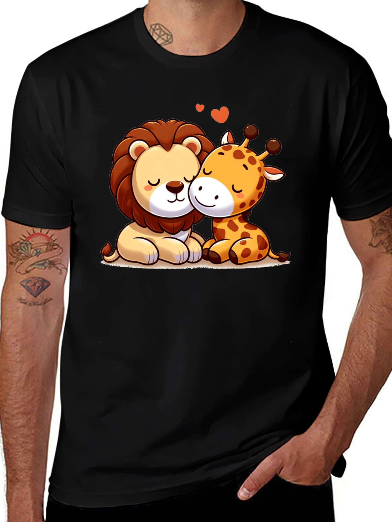 Lion & Giraffe Hug Black T-Shirt