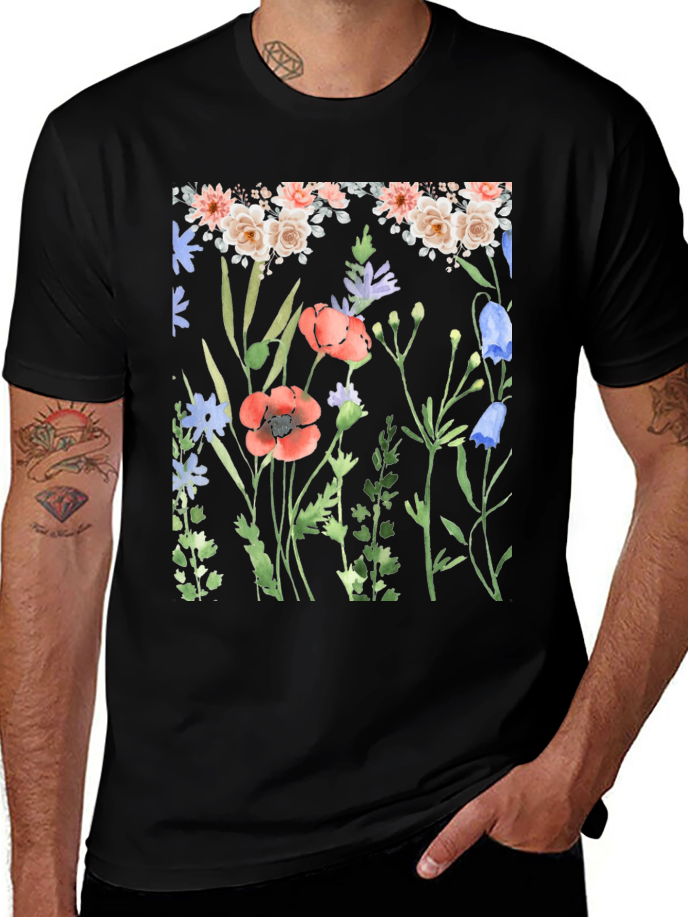 Variant 13 of Floral Print Black T-Shirt - Nature Inspired Design