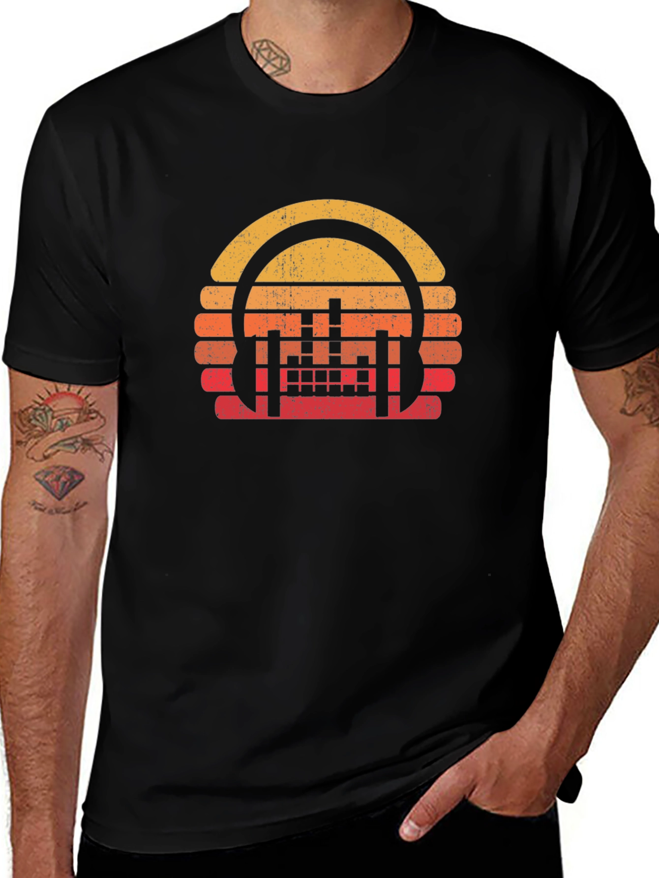Variant 2 of Retro Sunset Headphones Black T-Shirt