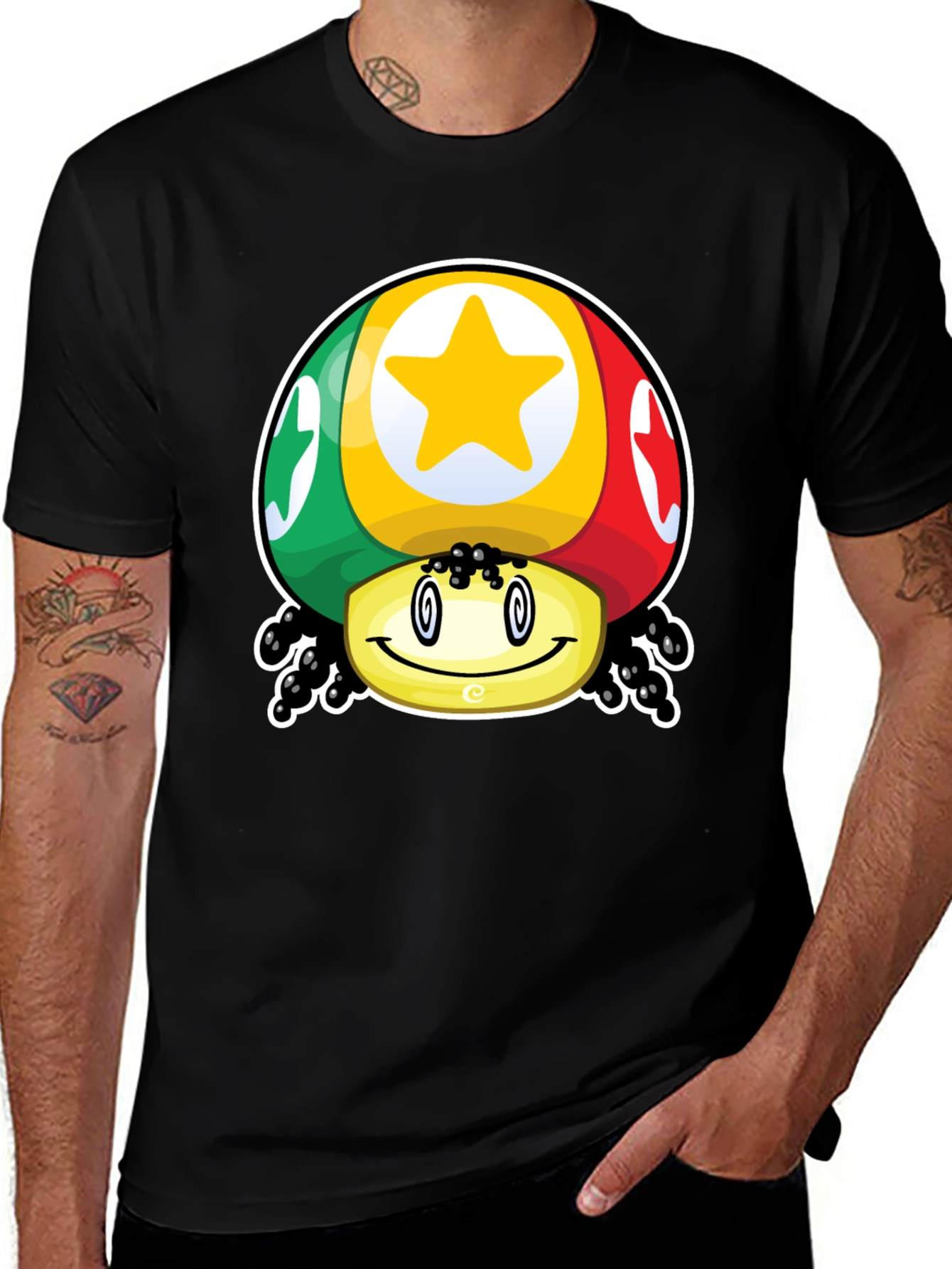 Variant 19 of Funky Mushroom Star Graphic T-Shirt - Black Cotton Blend