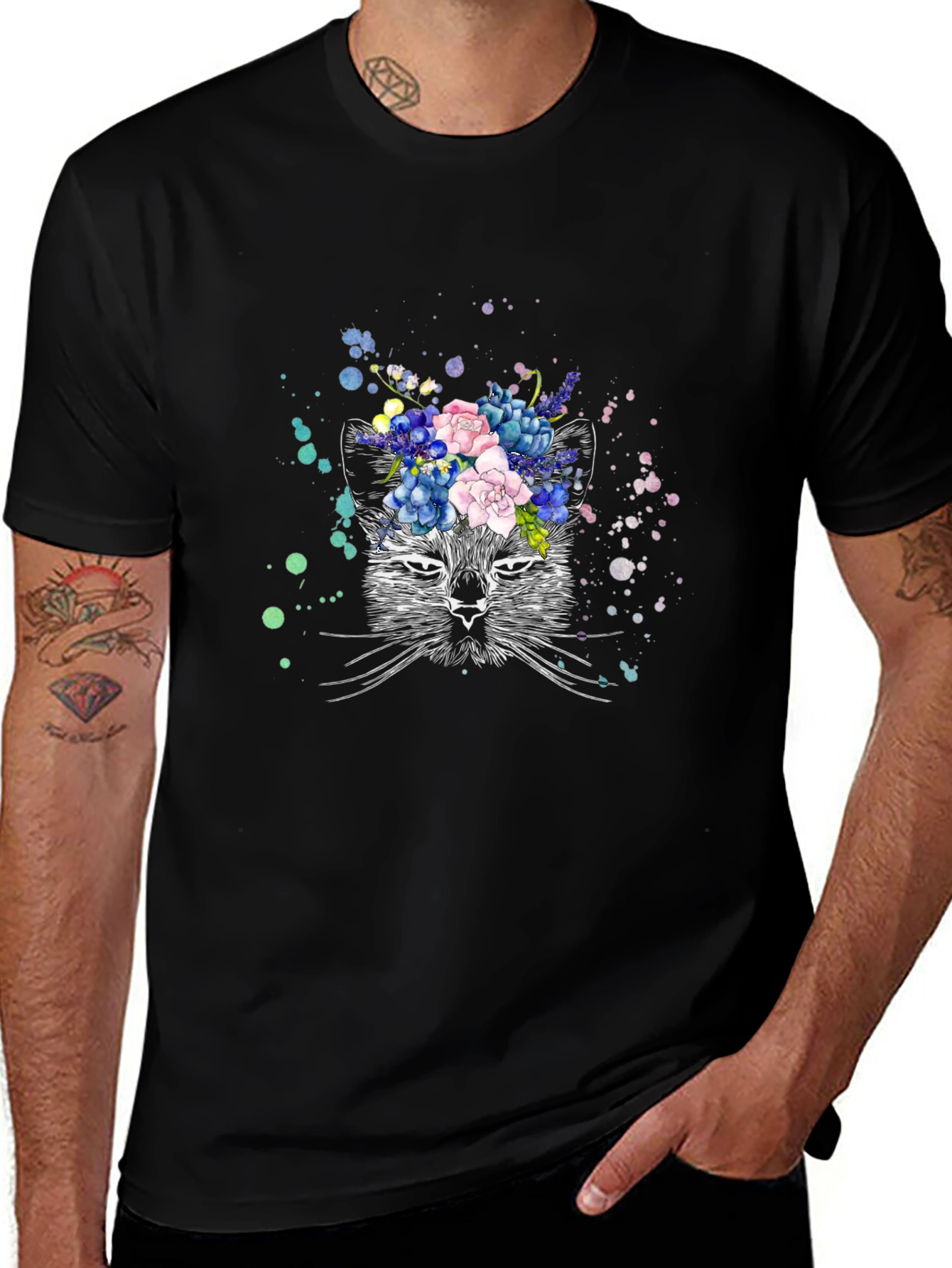 Variant 25 of Black Cat Floral Crown Graphic Tee - Unique Design