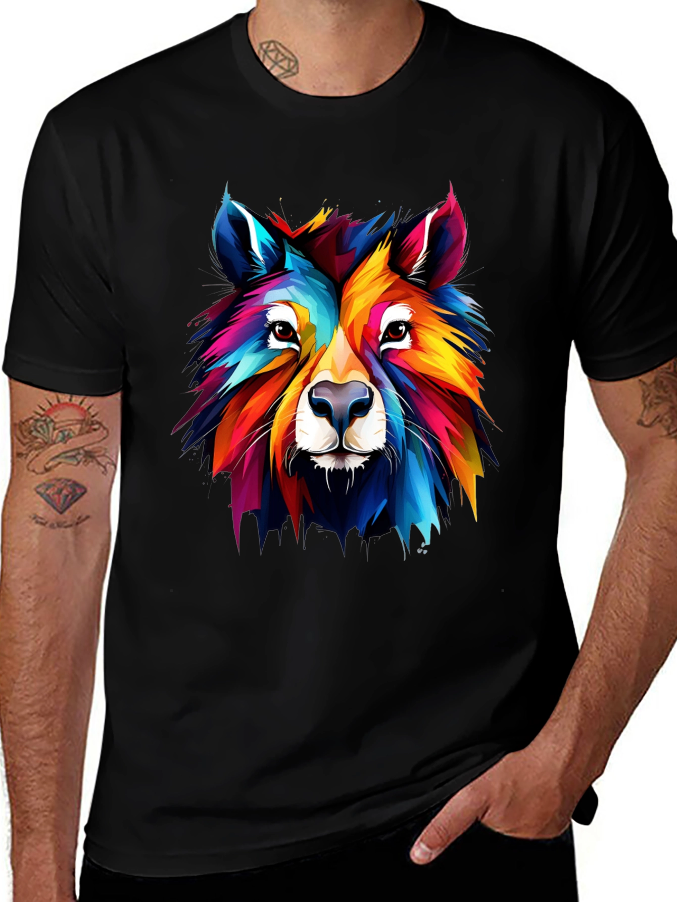 Variant 20 of Vibrant Wolf Graphic Black T-Shirt - Men's