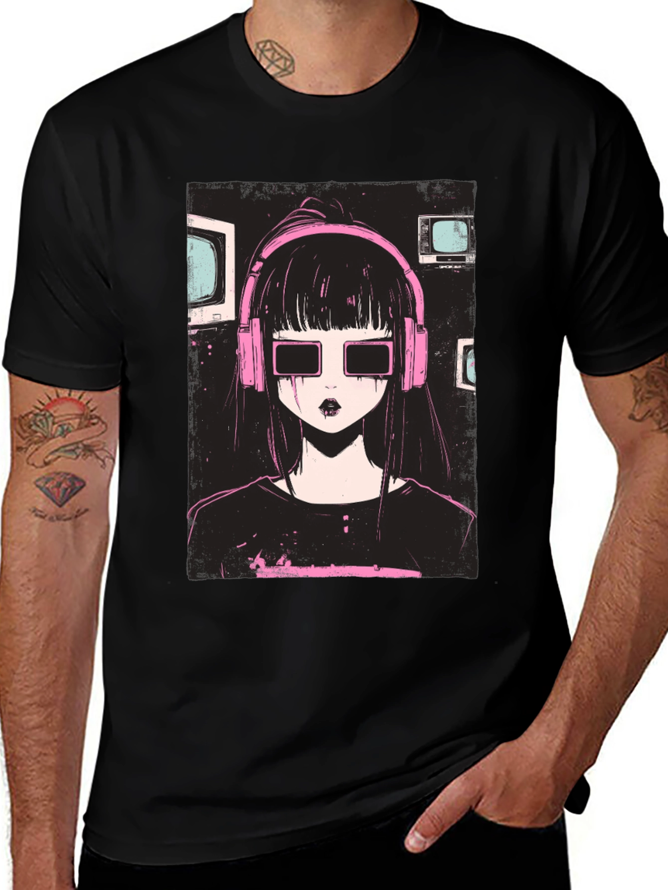 Variant 14 of Anime Girl with Headphones Graphic Tee - Black