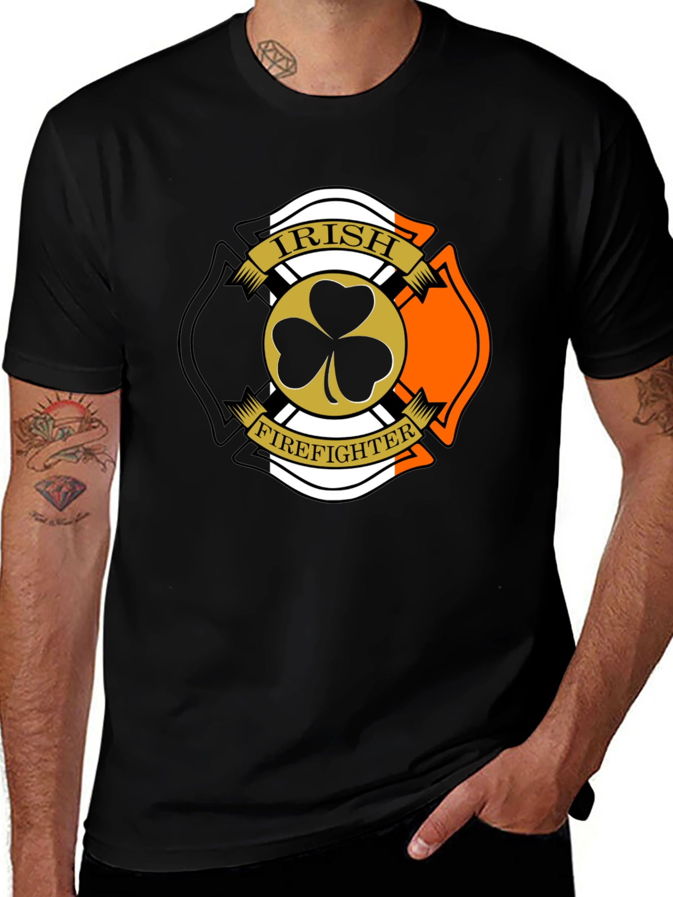 Irish Firefighter T-Shirt Shamrock Malt Cross Black Tee