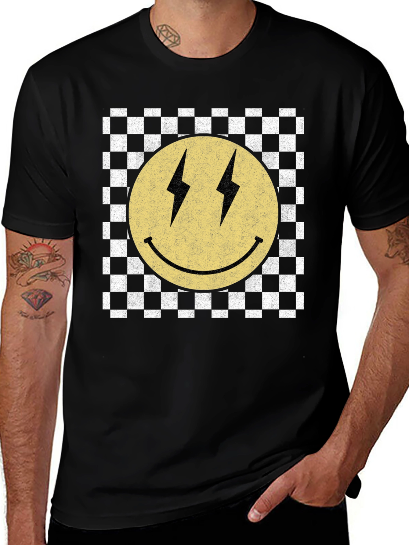 Variant 20 of Retro Smiley Face Graphic Tee - Checkered Pattern