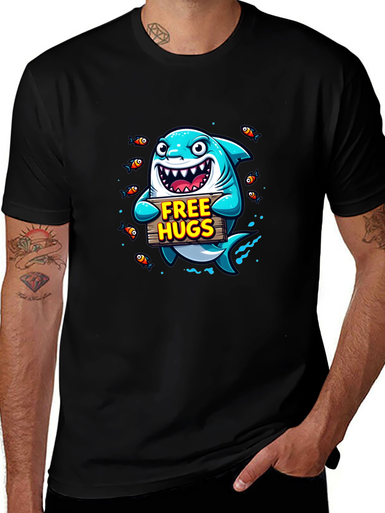 Variant 29 of Free Hugs Cartoon Shark Black T-Shirt