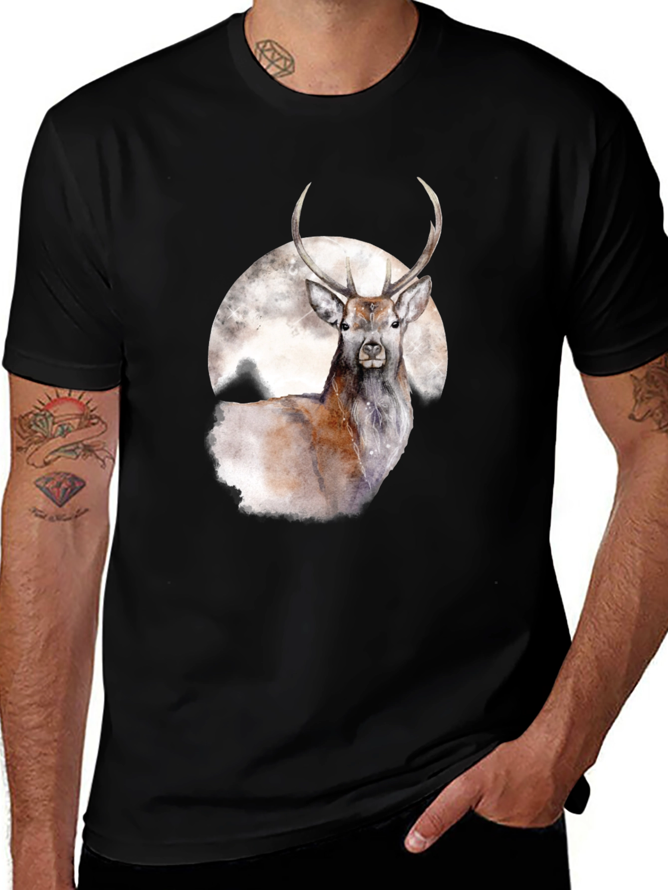 Variant 29 of Deer and Moon Graphic Tee - Stylish Black T-Shirt