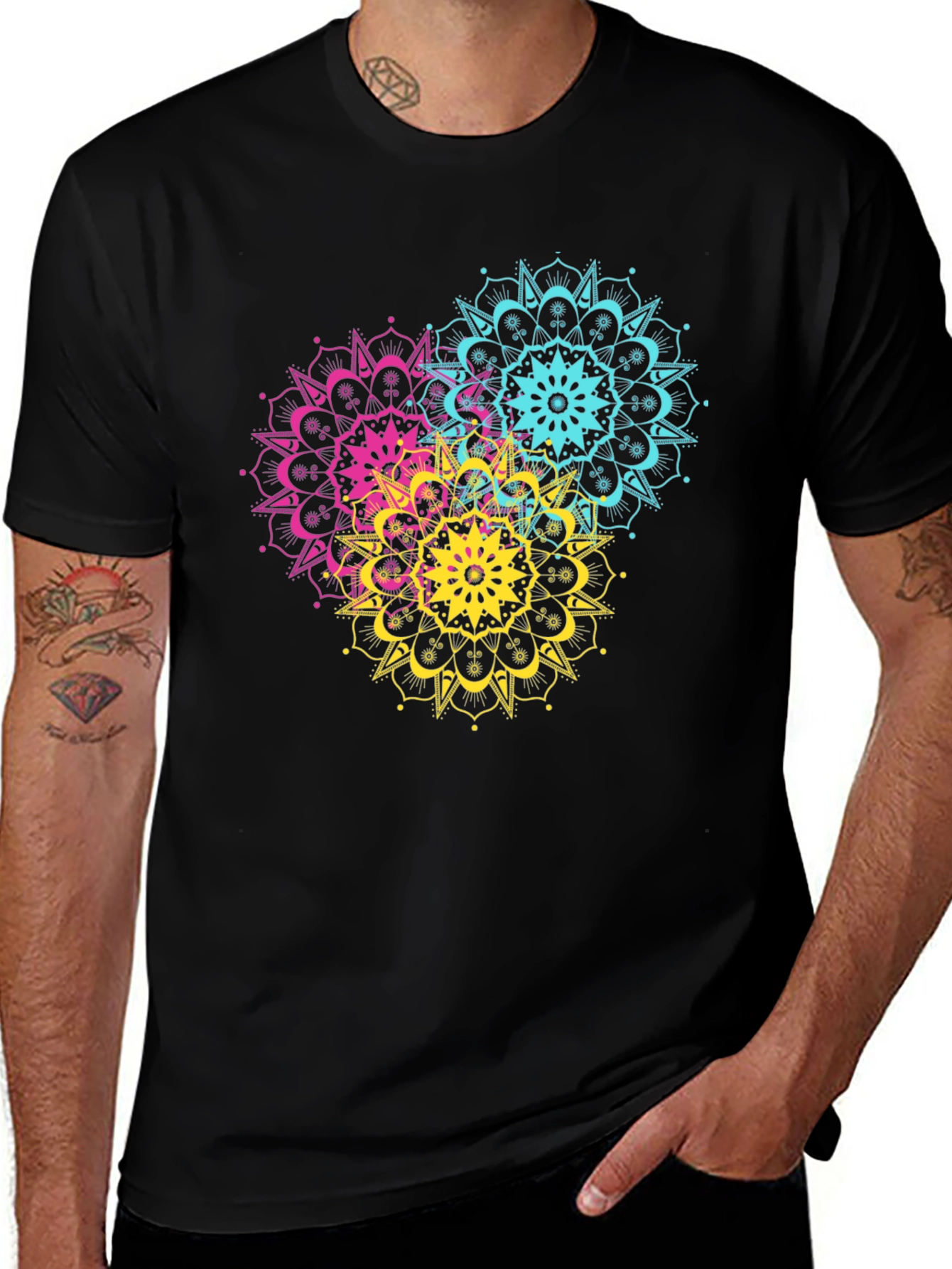Vibrant Mandala Print Black T-Shirt