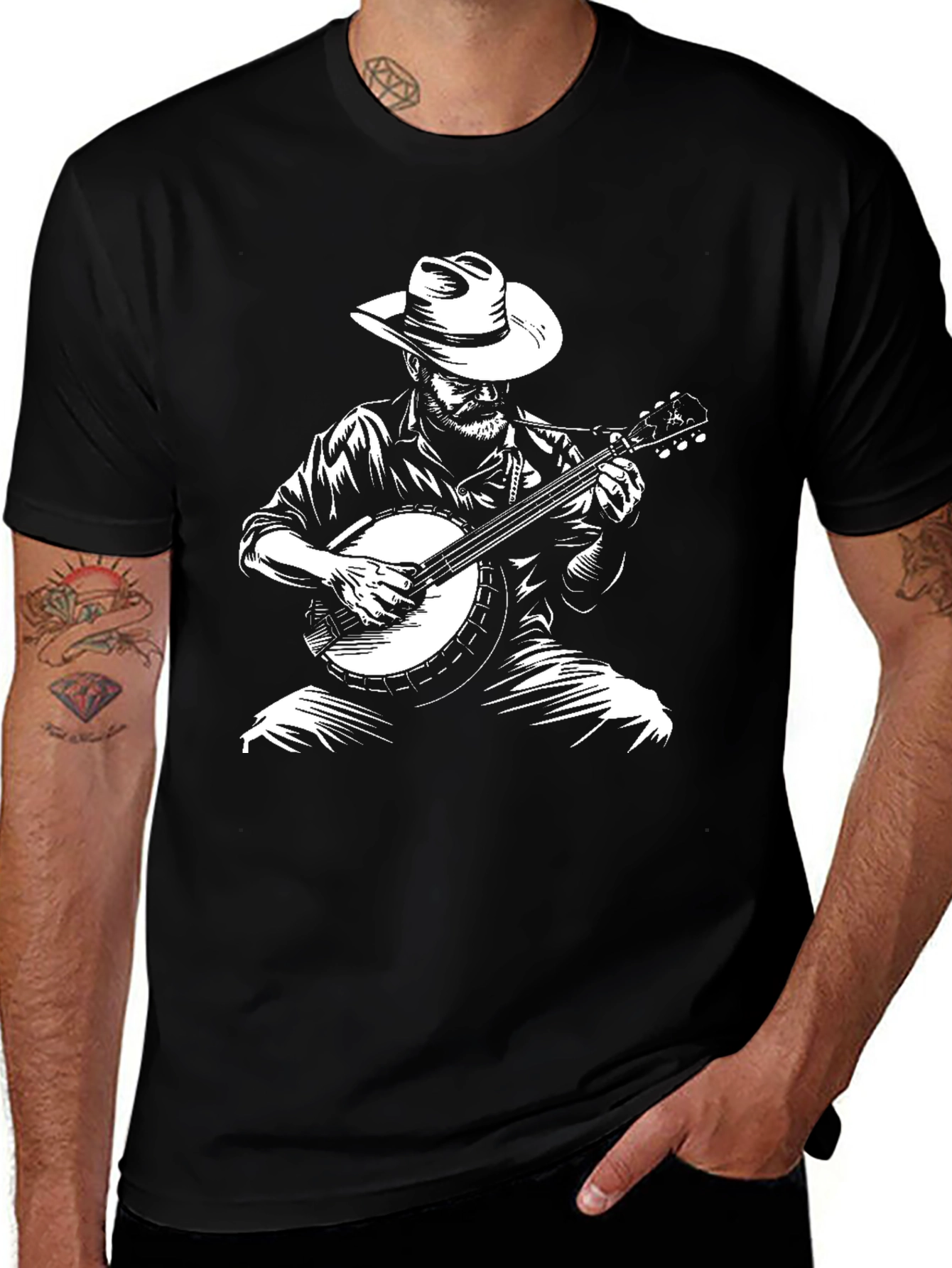 Variant 30 of Banjo Player Graphic Tee - Black Cotton Shirt