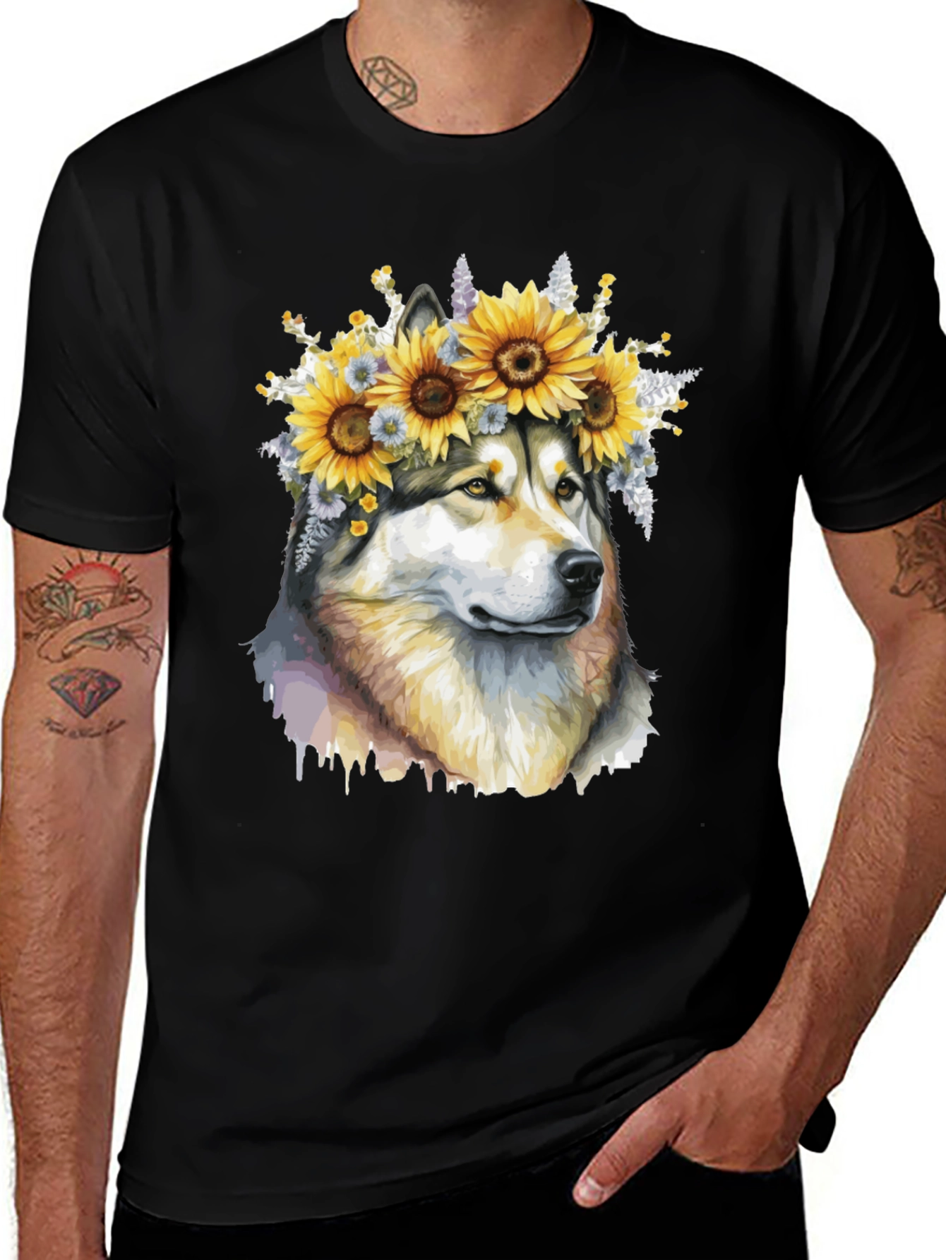 Variant 25 of Sunflower Crown Wolf Graphic Tee - Black
