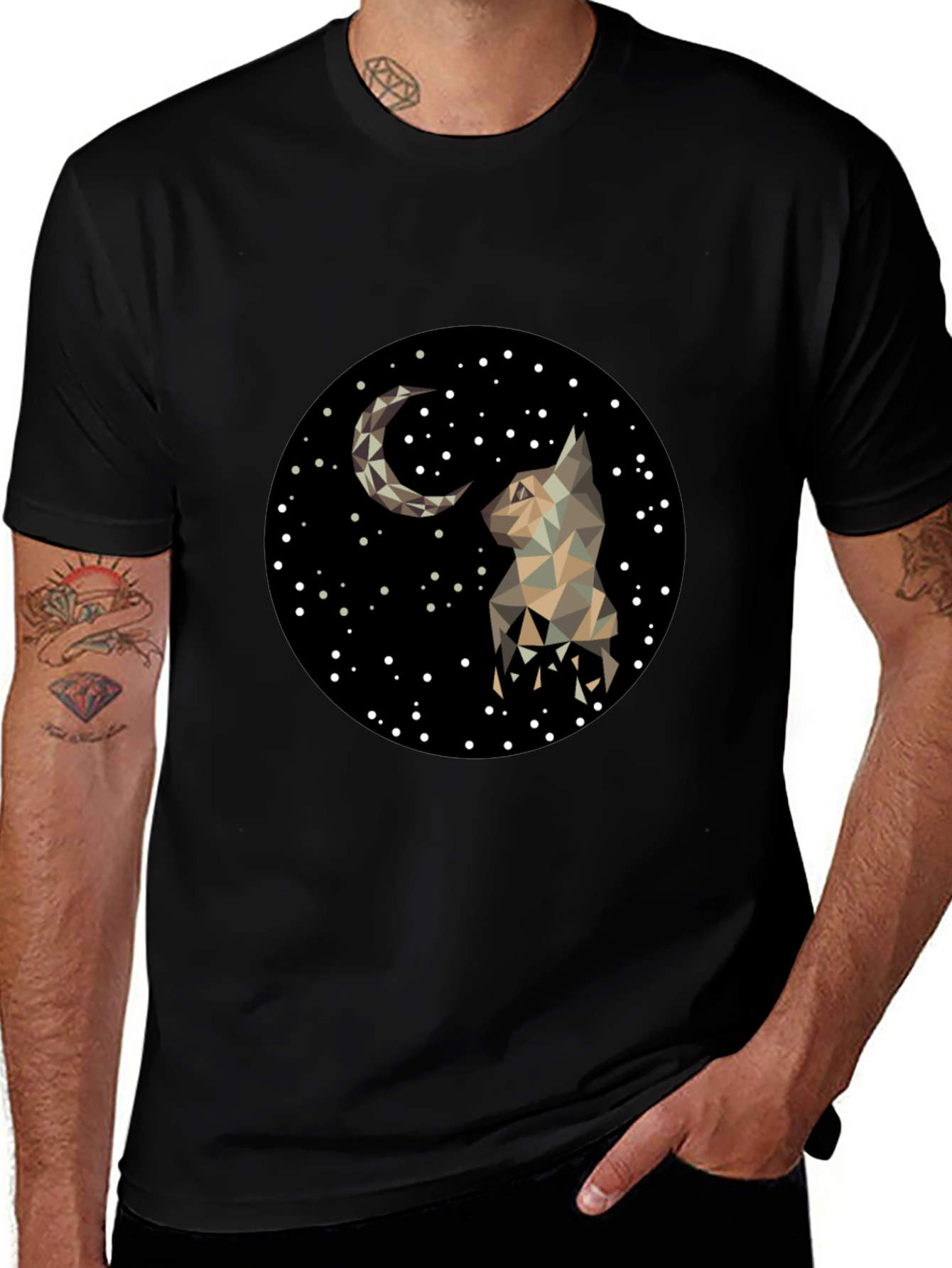 Variant 14 of Geometric Cat & Moon Graphic Black T-Shirt