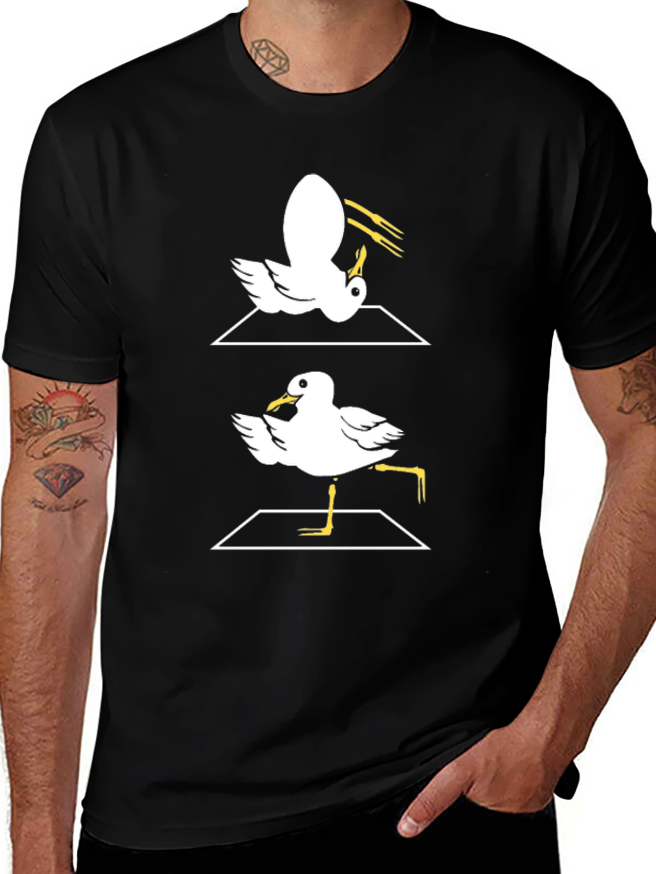 Variant 11 of Funny Dancing Seagull Graphic Tee - Black Cotton T-Shirt