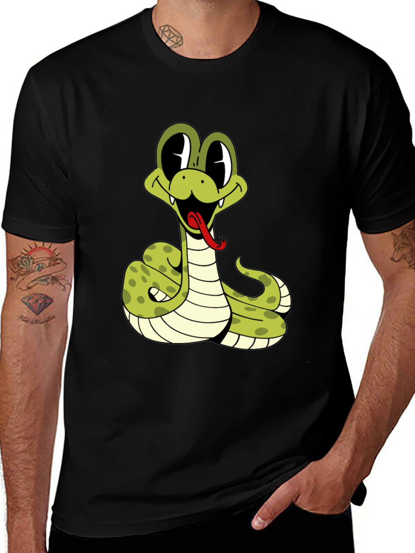 Variant 2 of Cartoon Snake Graphic T-Shirt - Black Cotton Tee