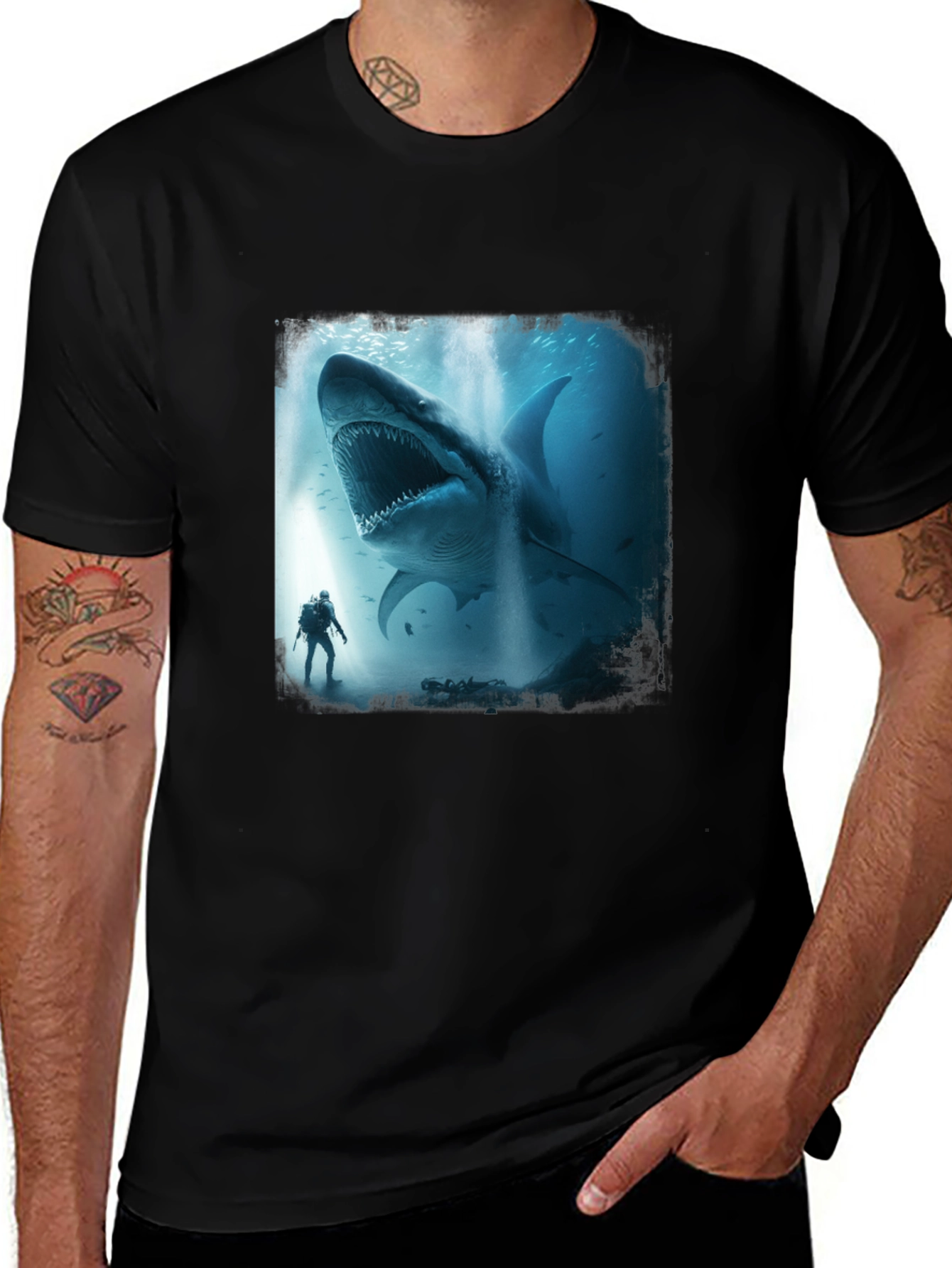 Variant 18 of Shark Diver Graphic Tee - Black Cotton T-Shirt