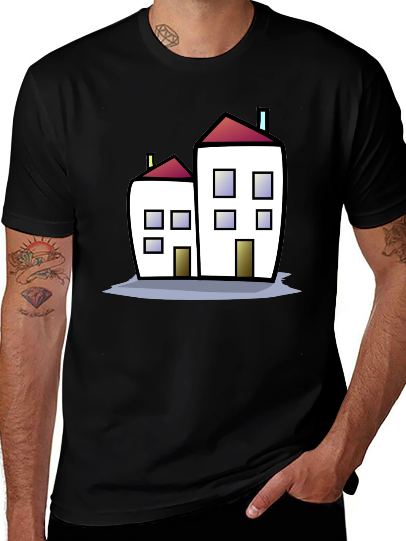 Variant 26 of Cartoon House Graphic Tee - Black Cotton T-Shirt
