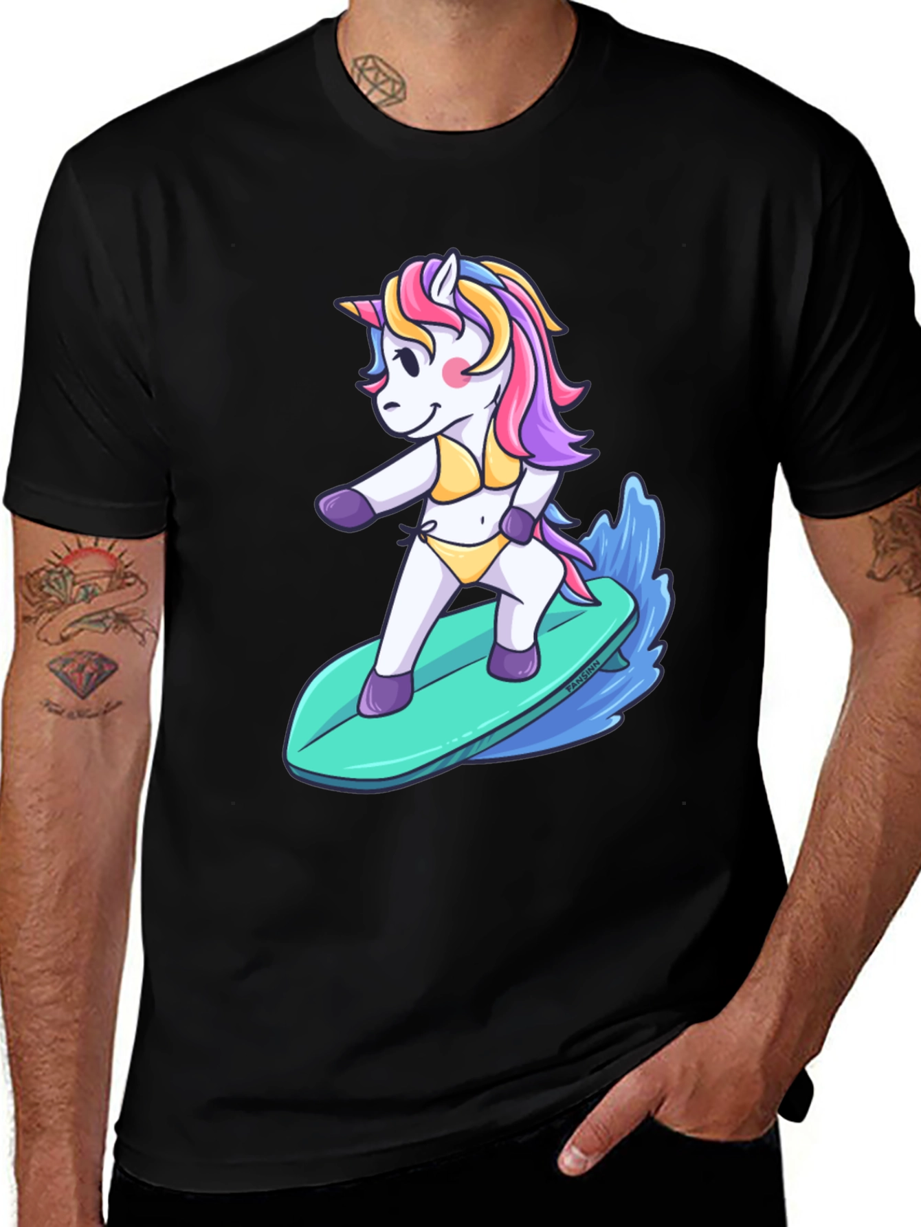Variant 17 of Unicorn Surfer T-Shirt - Black Cotton Tee