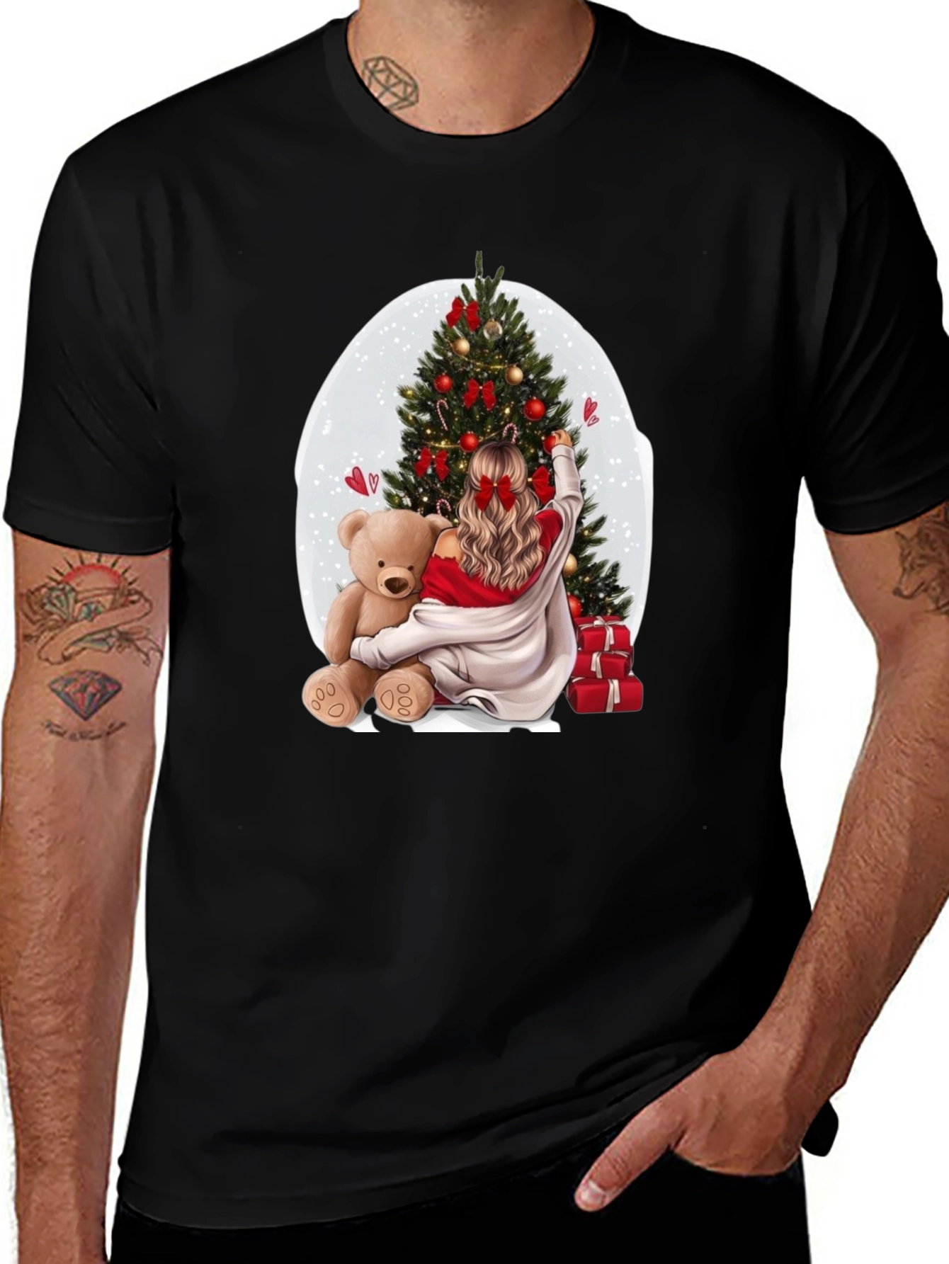 Festive Christmas T-Shirt - Girl and Teddy by Tree