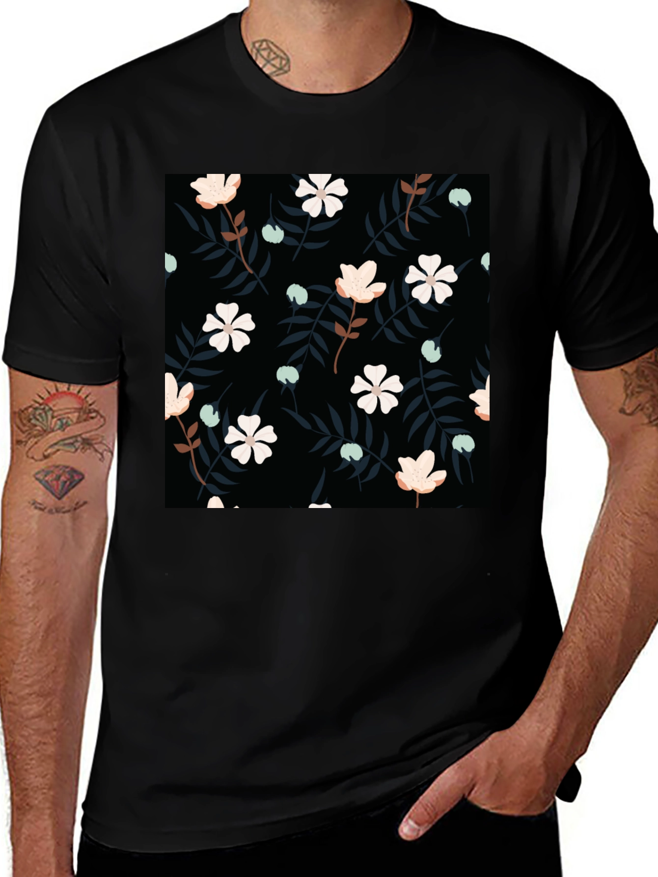 Variant 4 of Floral Print Black T-Shirt