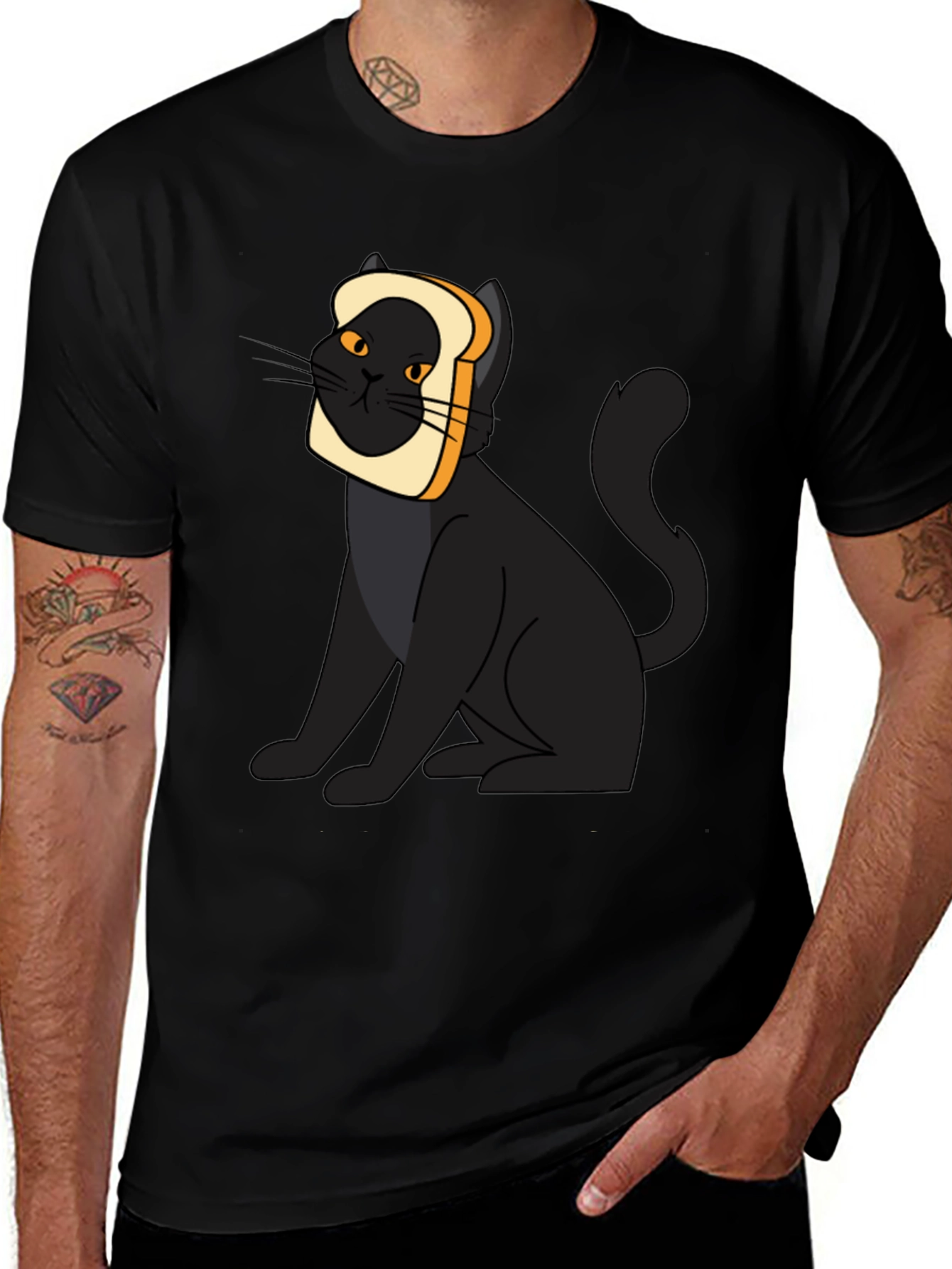 Variant 20 of Black Cat in Bread T-Shirt - Funny Cartoon Graphic Tee