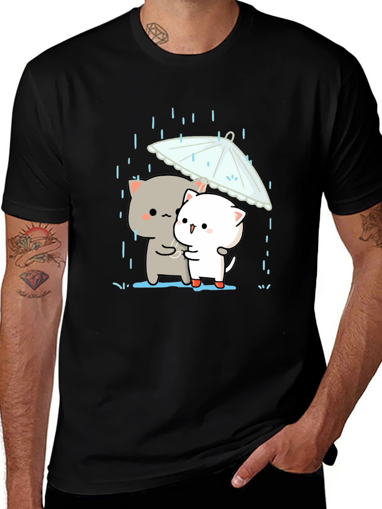 Variant 12 of Cute Cats Under Umbrella Graphic Tee - Black
