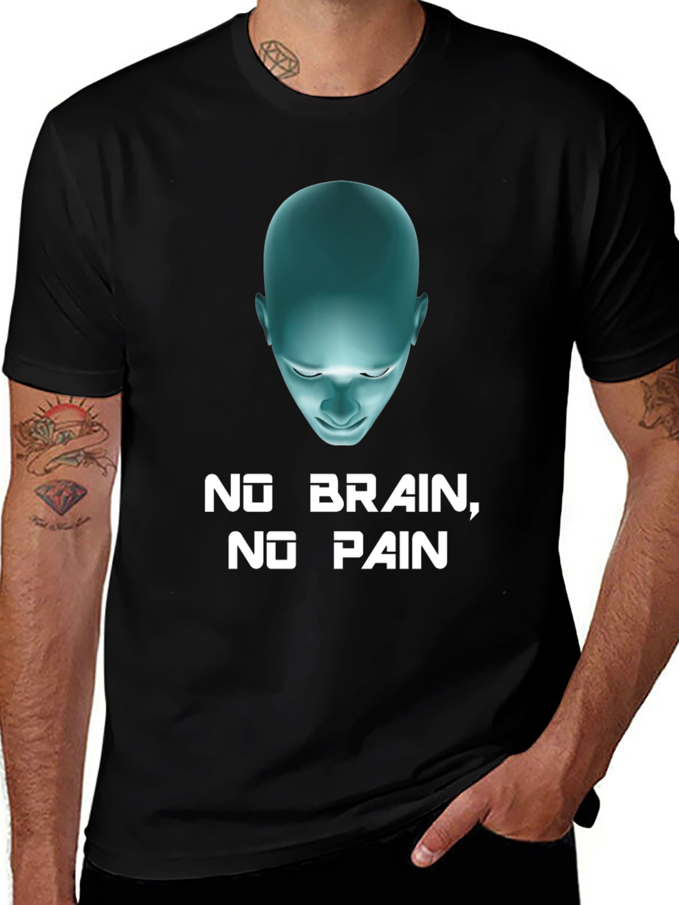 Variant 20 of Humorous 'No Brain, No Pain' Graphic Tee - Black