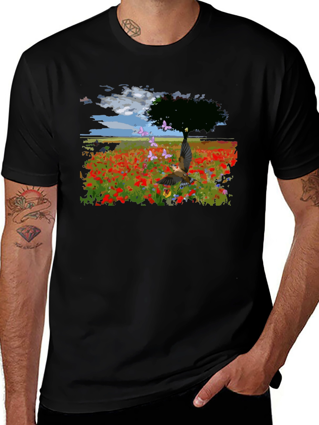 Variant 9 of Poppy Field T-Shirt: Bird & Butterfly Nature Design