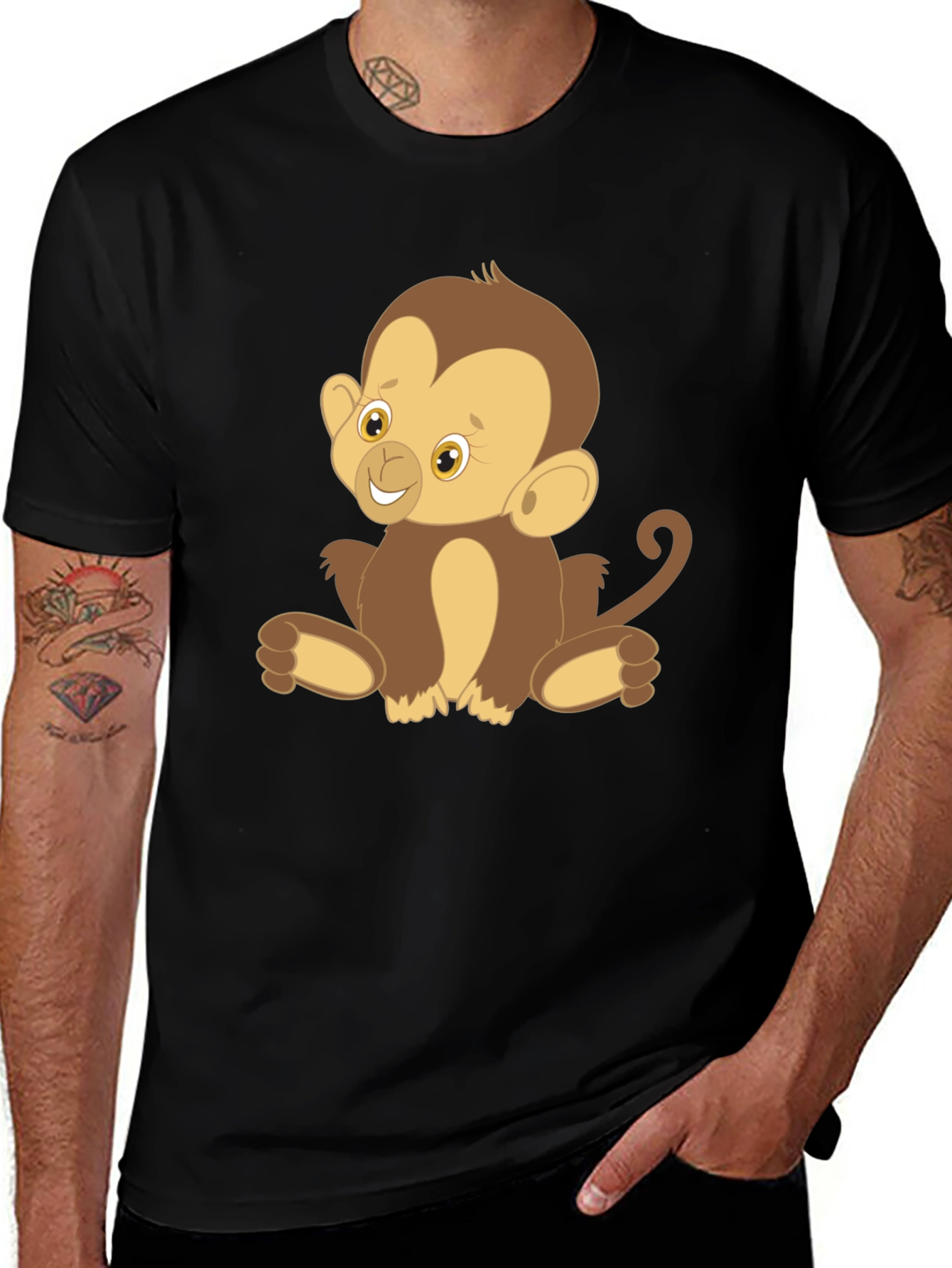 Cute Monkey Graphic Tee - Black Cotton T-Shirt