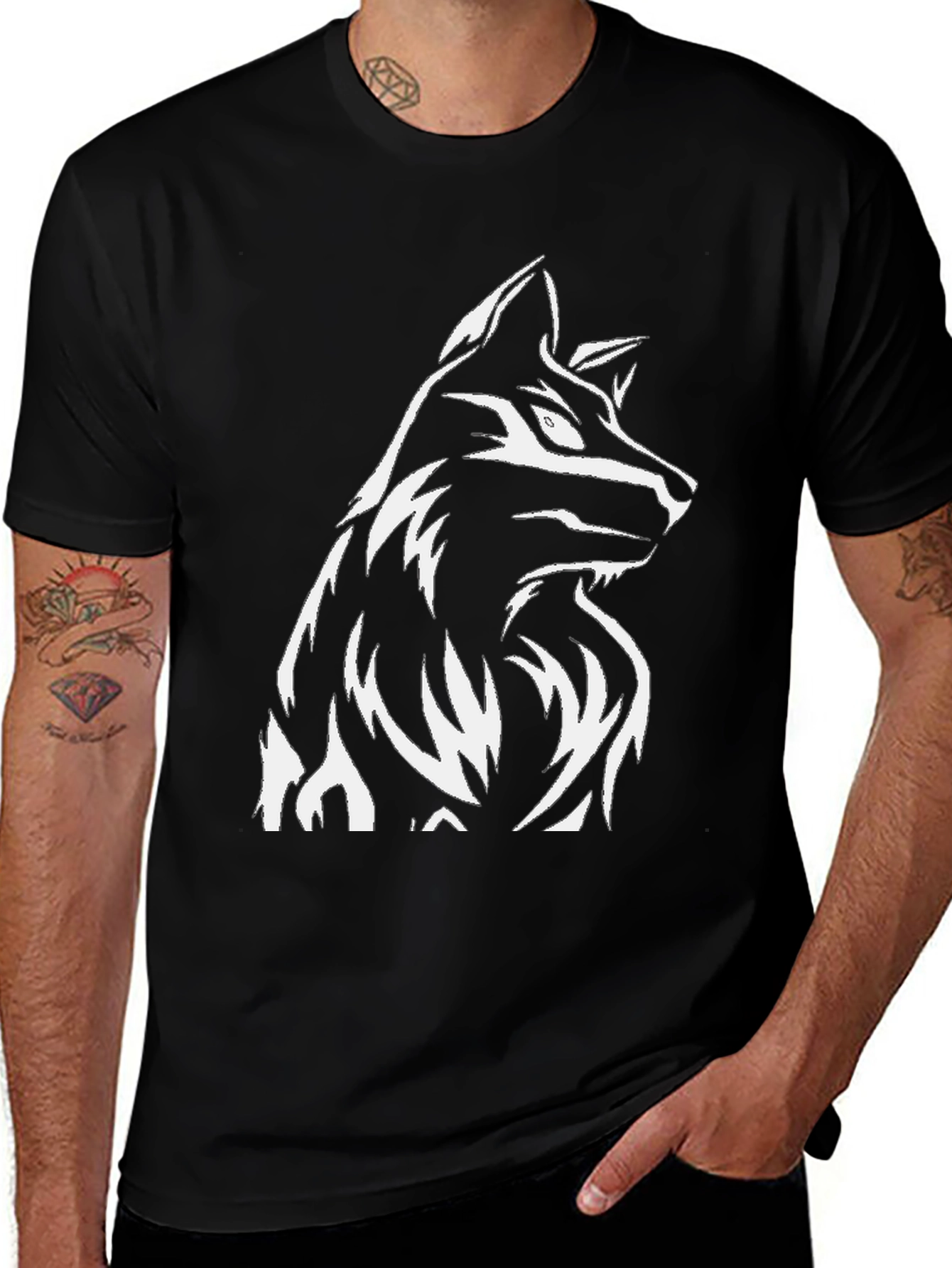 Variant 20 of Men's Black T-Shirt with White Wolf Graphic