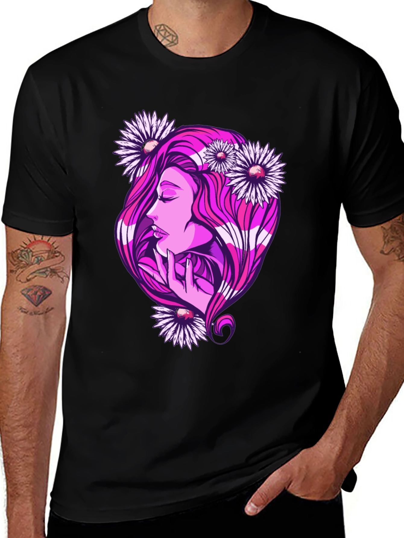 Variant 3 of Woman with Flowers Graphic Black T-Shirt
