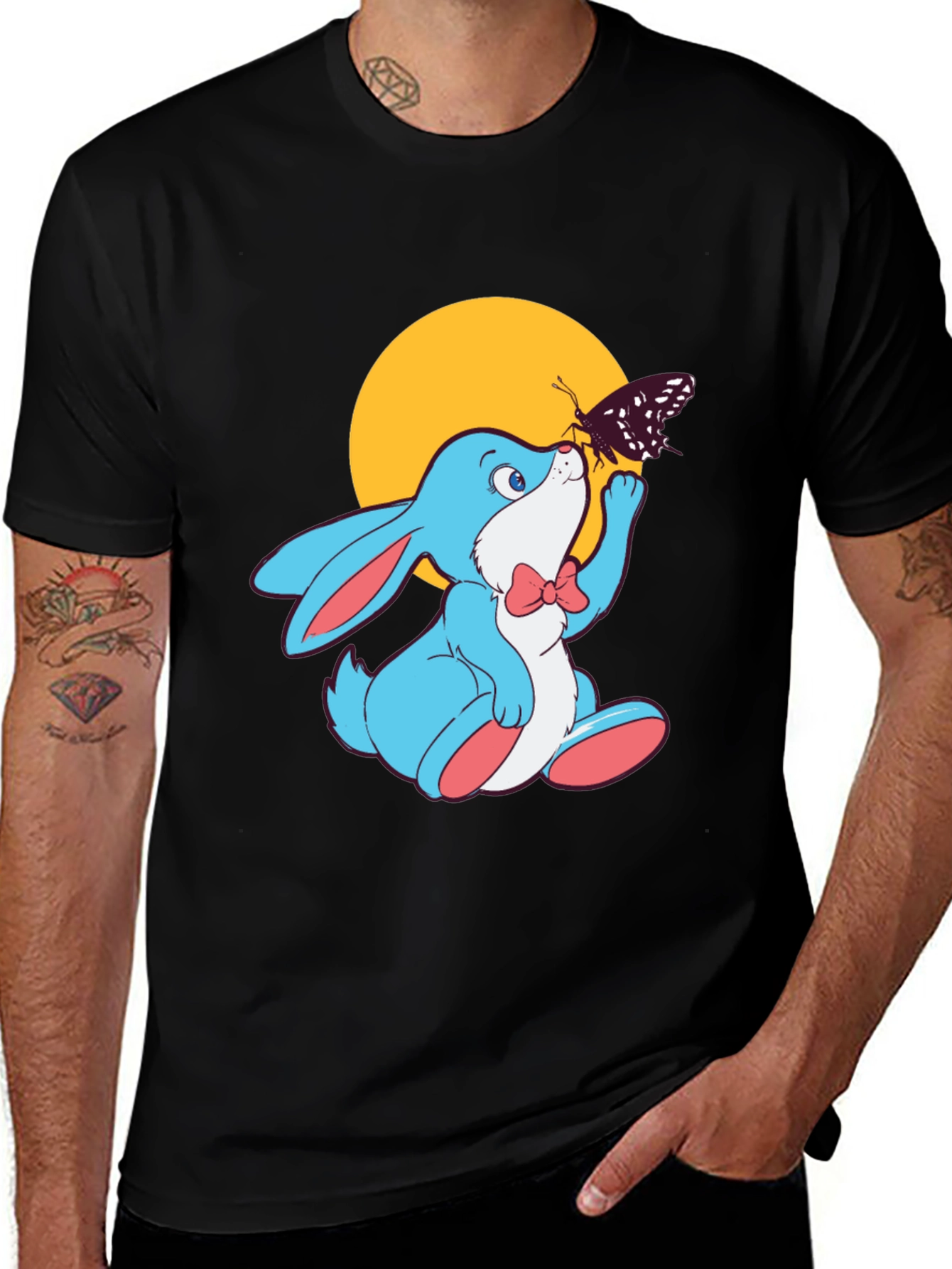 Variant 11 of Cute Bunny & Butterfly Black T-Shirt