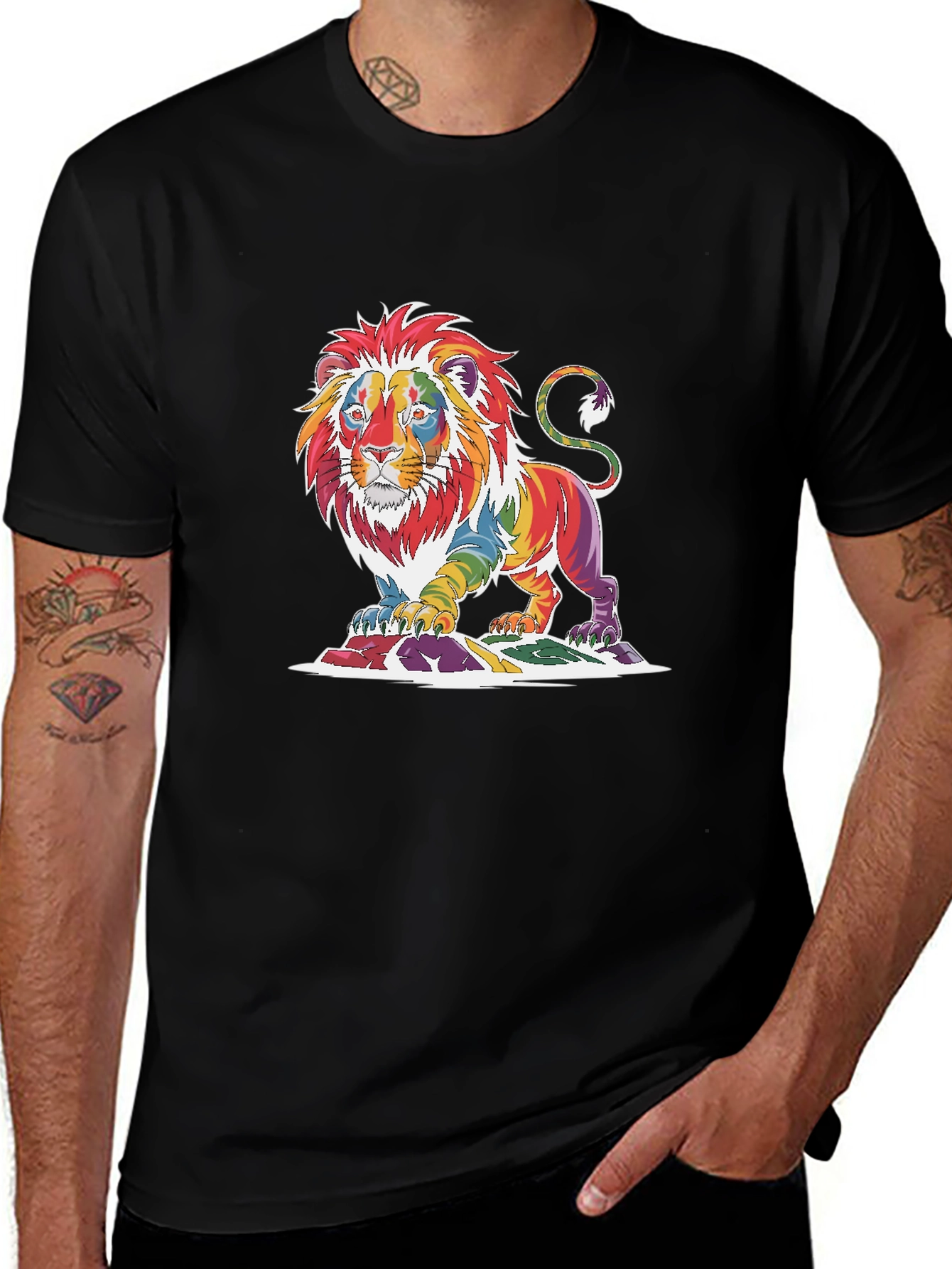 Variant 23 of Rainbow Lion Graphic Tee - Stylish Men's Black T-Shirt