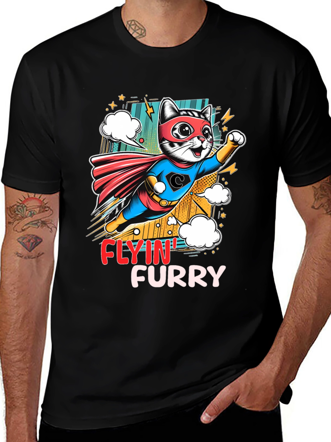 Variant 5 of Flyin' Furry T-Shirt: Superhero Cat Design