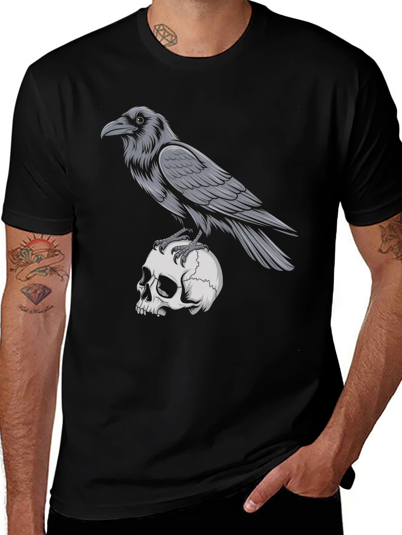 Variant 11 of Raven on Skull Graphic T-Shirt - Gothic Style