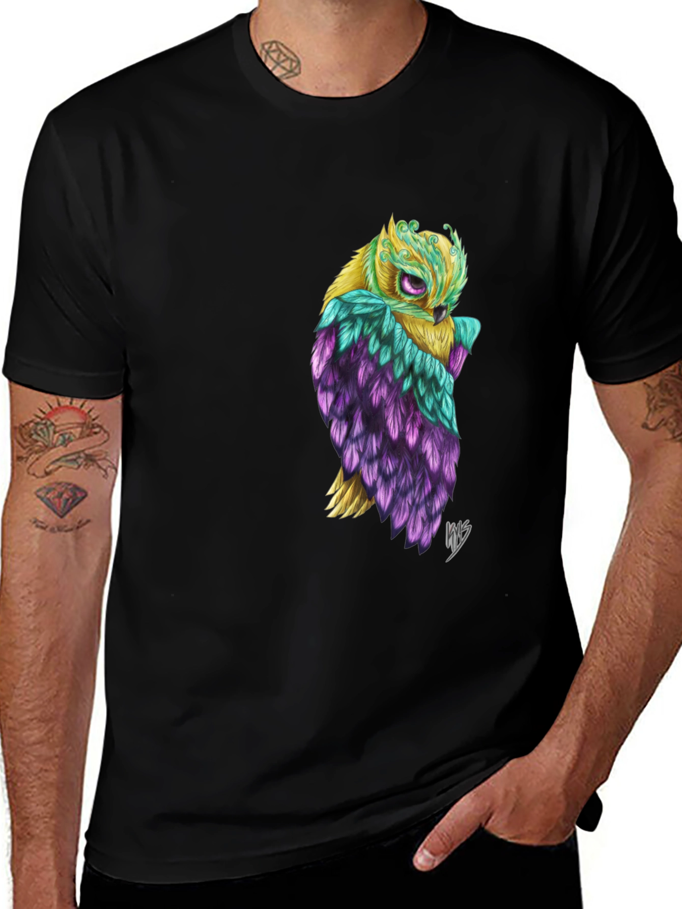 Variant 25 of Owl Graphic Black T-Shirt - Unique Feather Design