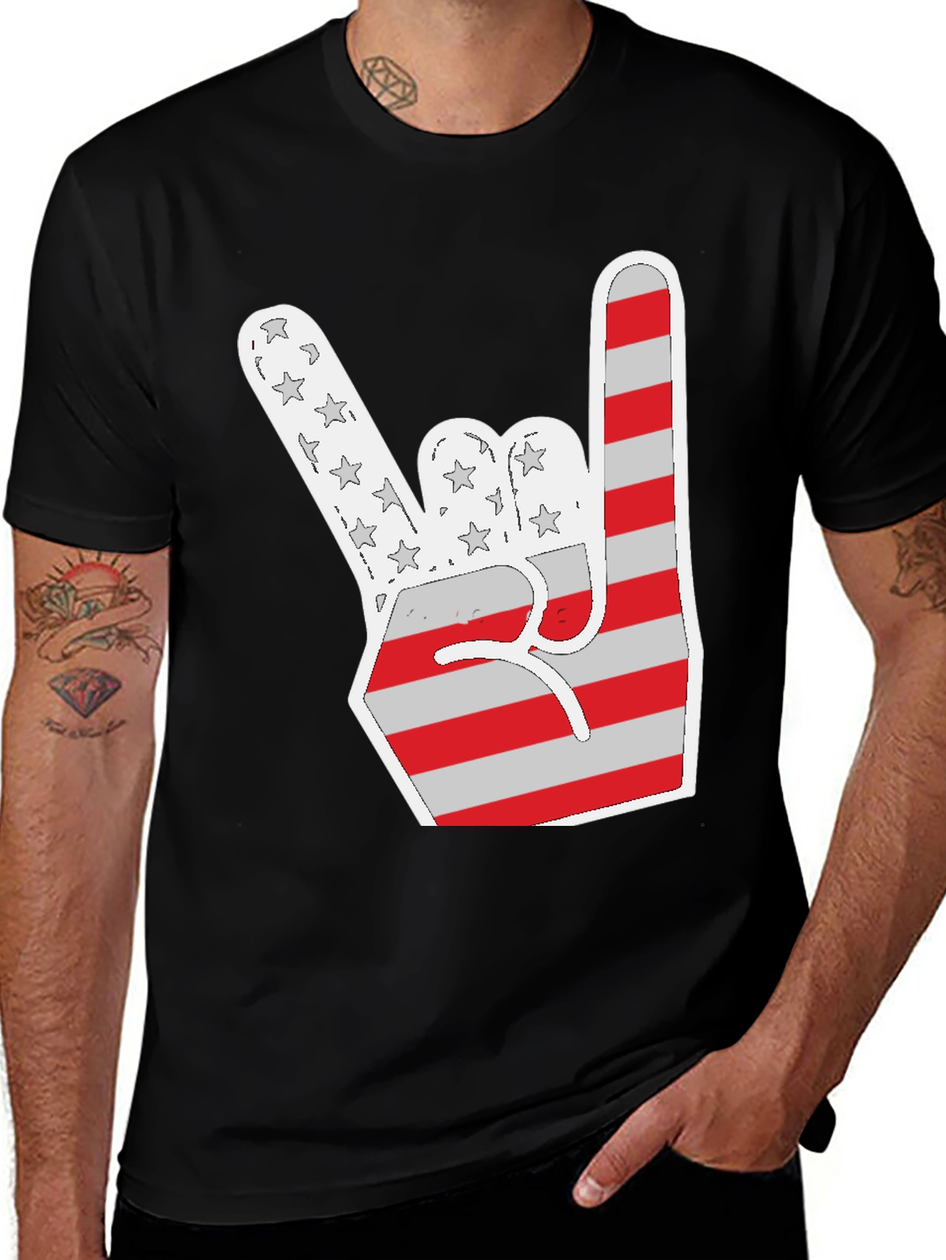 Variant 6 of Patriotic Rock On T-Shirt - USA Flag Hand Sign