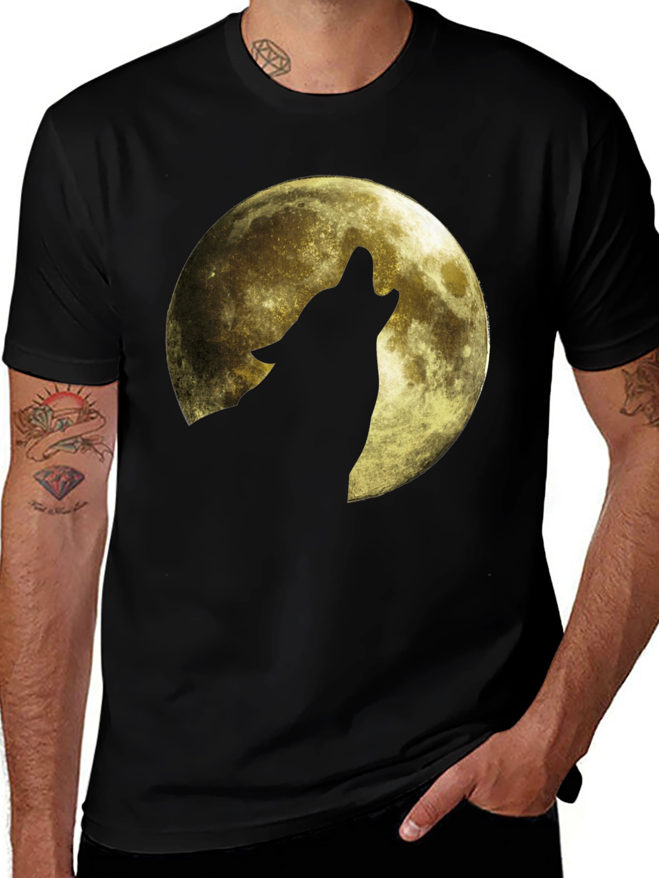 Variant 4 of Wolf Howling at the Moon Graphic Tee - Black