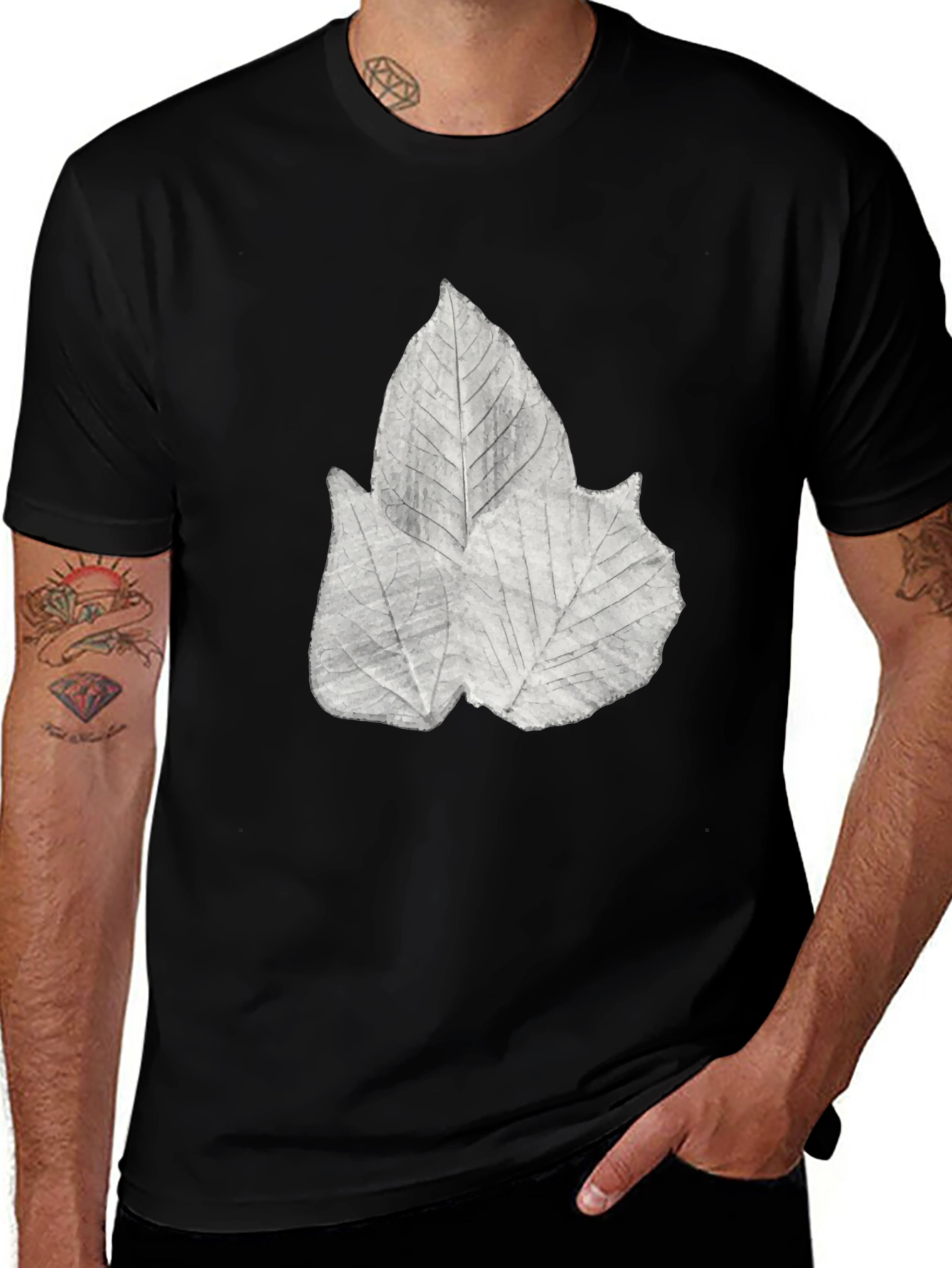 Variant 28 of Leaf Print Black Tee - Botanical Style