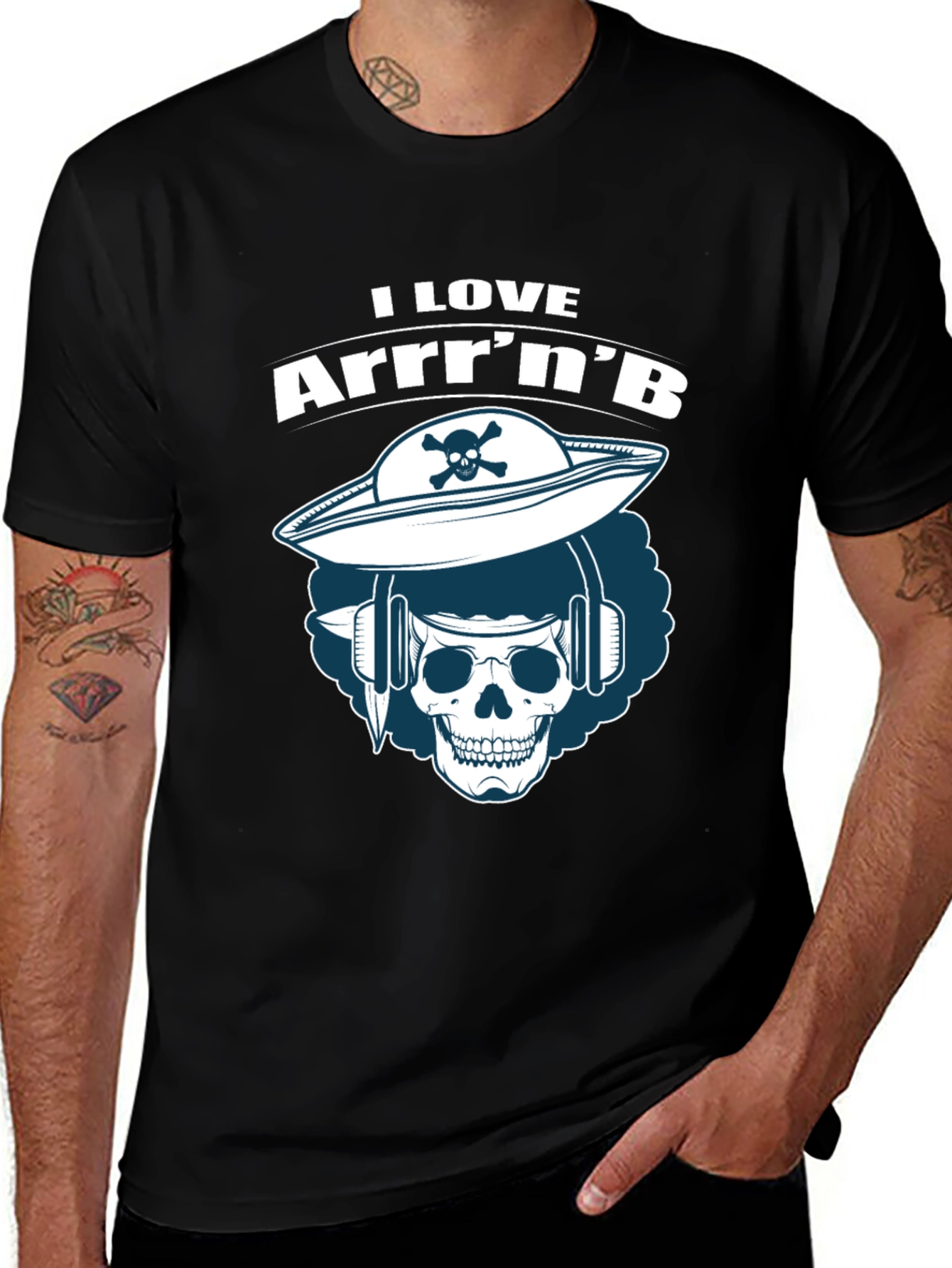 Variant 29 of I Love Arrr'n'B Black T-Shirt - Pirate Skull DJ Graphic