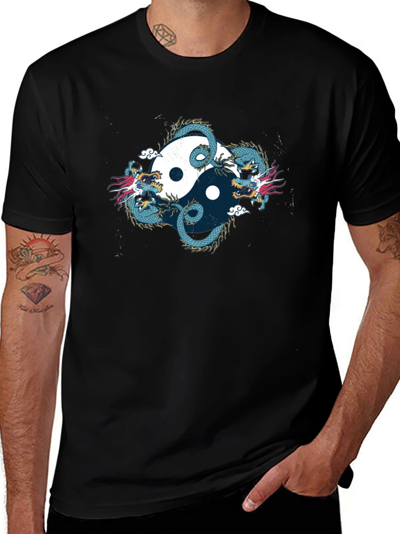 Variant 25 of Yin Yang Dragon Graphic Black T-Shirt