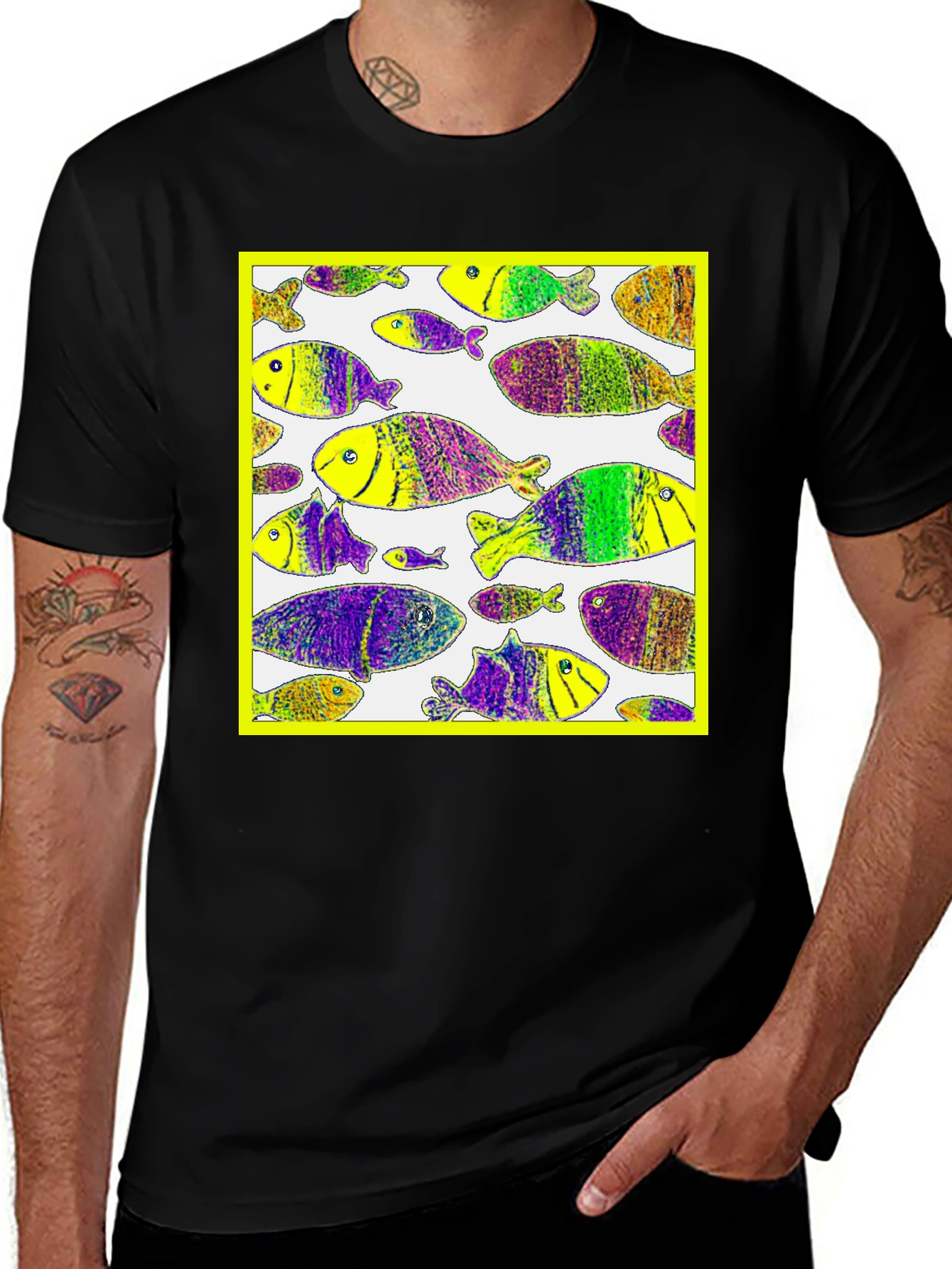 Variant 17 of Funky Fish Pattern Black T-Shirt