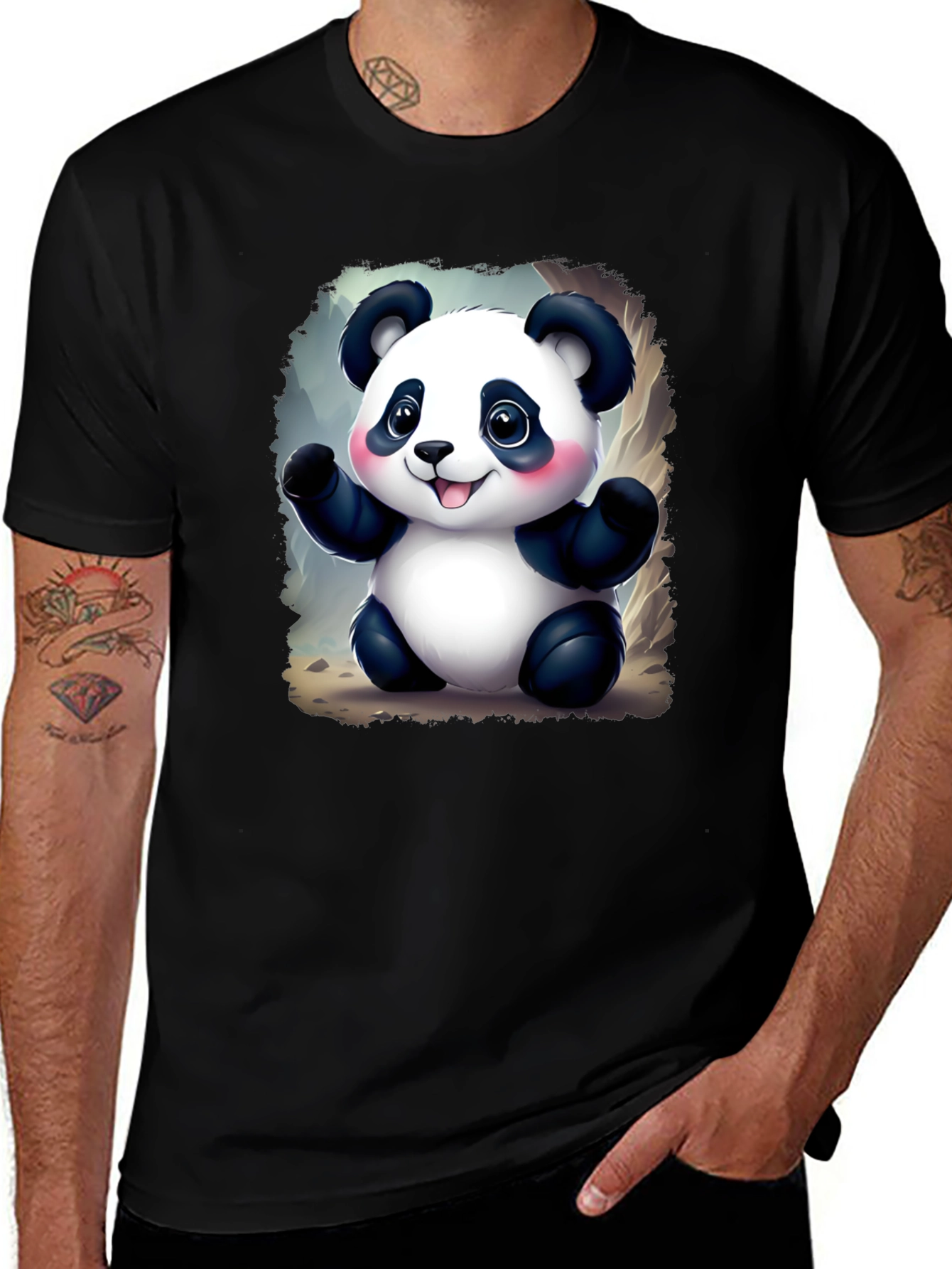 Variant 10 of Cute Panda Graphic T-Shirt - Black Cotton Tee