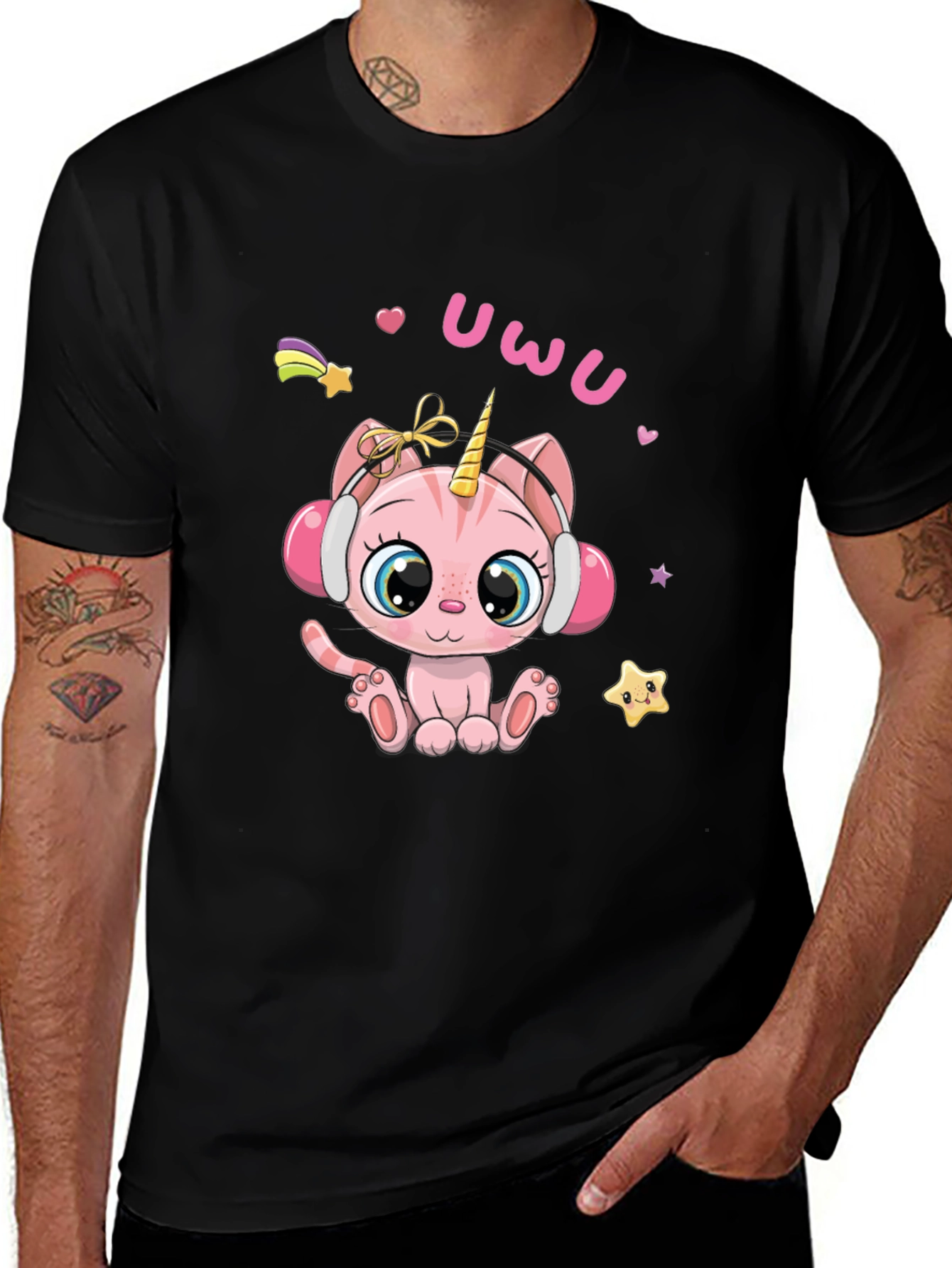 Cute Cat Unicorn 'UwU' Graphic Black T-Shirt