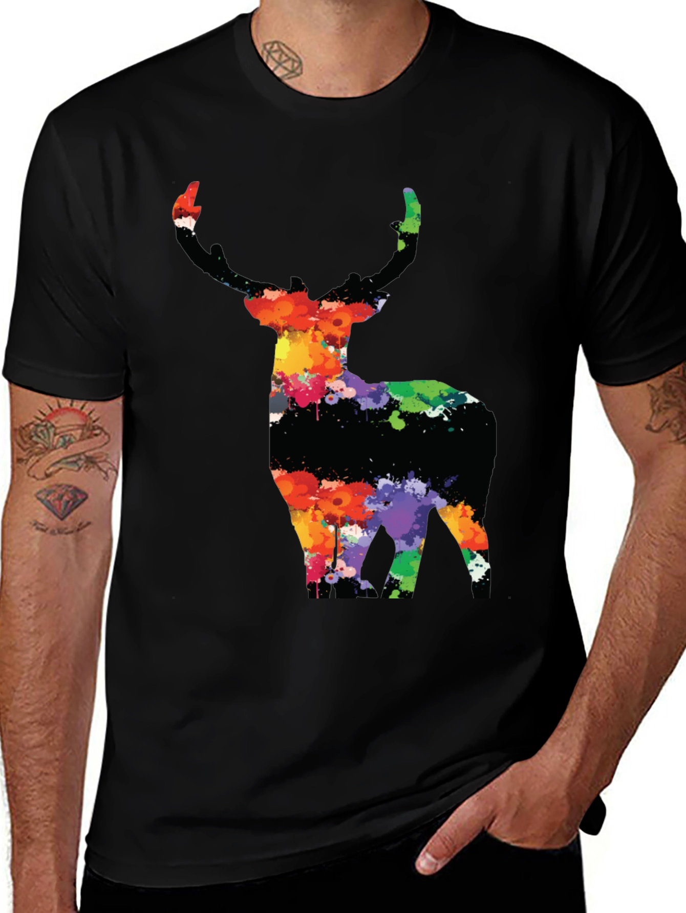 Variant 11 of Colorful Deer Graphic Tee - Men's Black T-Shirt